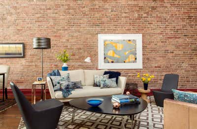  Mid-Century Modern Eclectic Living Room. Tribeca Family Loft Updated Into Colorful, Airy Respite For One by Village West Design.