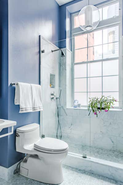 Transitional Apartment Bathroom. Tribeca Family Loft Updated Into Colorful, Airy Respite For One by Village West Design.