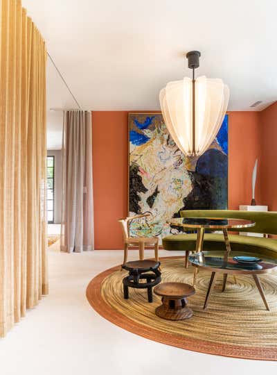  Mid-Century Modern Modern Beach House Living Room. Sag Harbor, Pool House by Leyden Lewis Design Studio.