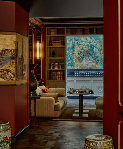  French Eclectic Hotel Bar and Game Room. Hôtel de Montesquieu by Elliott Barnes Interiors.