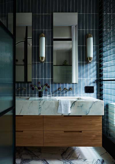  Transitional Family Home Bathroom. mid-century modern in brooklyn by Crystal Sinclair Designs.