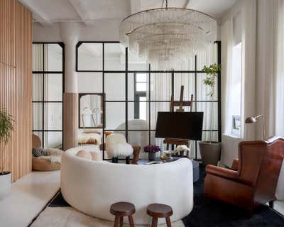  French Industrial Family Home Living Room. dumbo loft by Crystal Sinclair Designs.