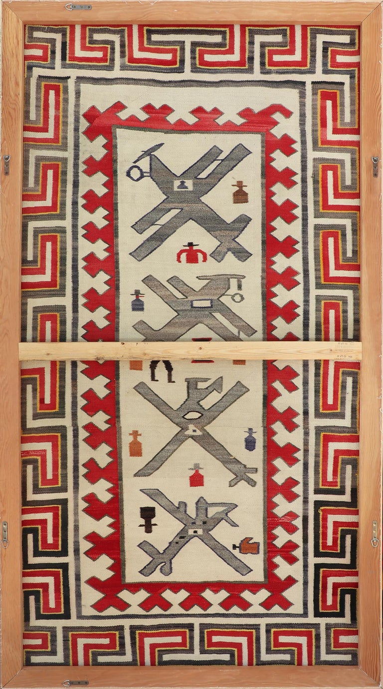Trading Post Era Pictorial Weaving with Airplane Design in Reds and Greys For Sale 10