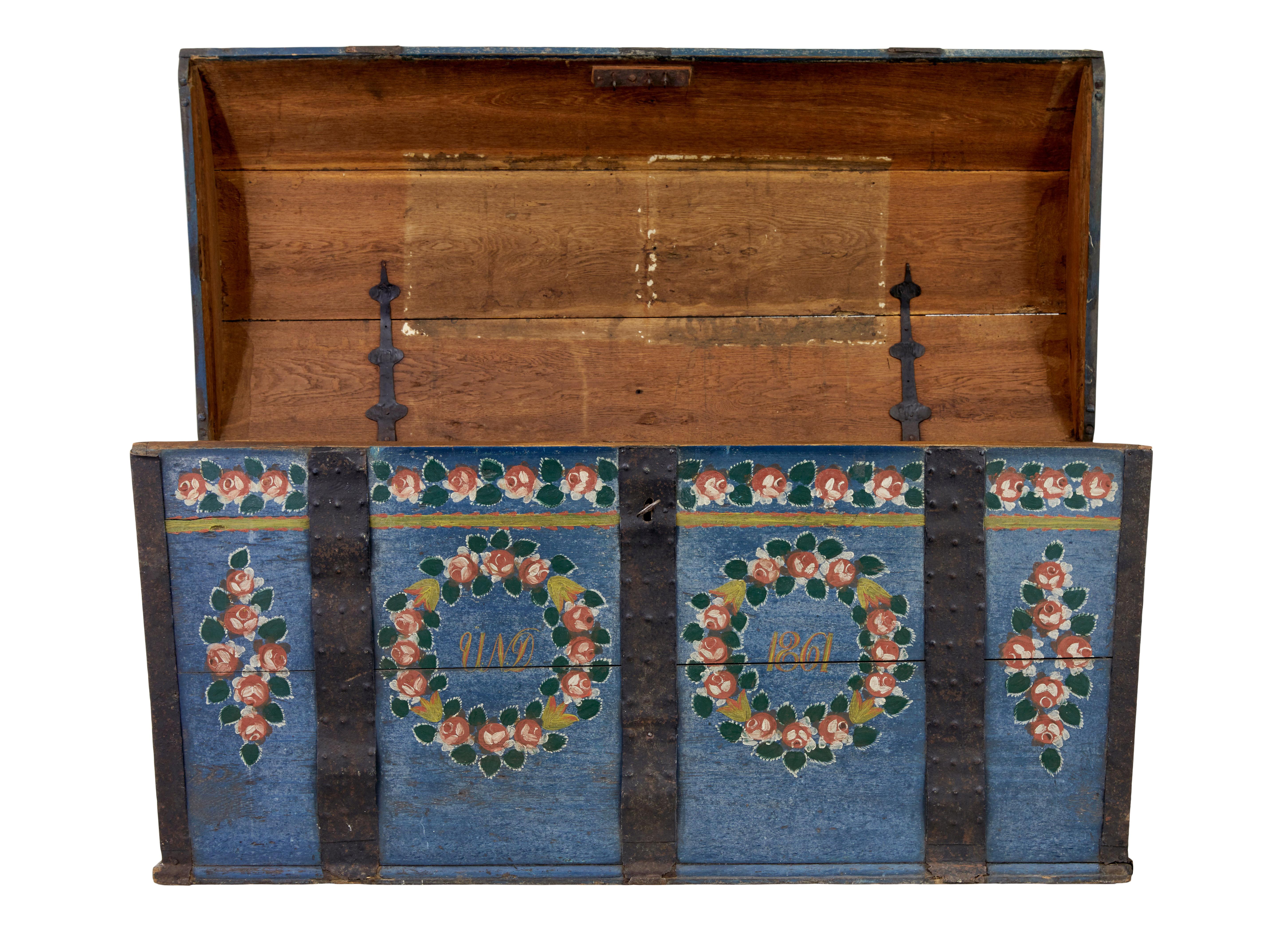 Folk Art Traditional 19th Century Painted Swedish Dome Trunk For Sale