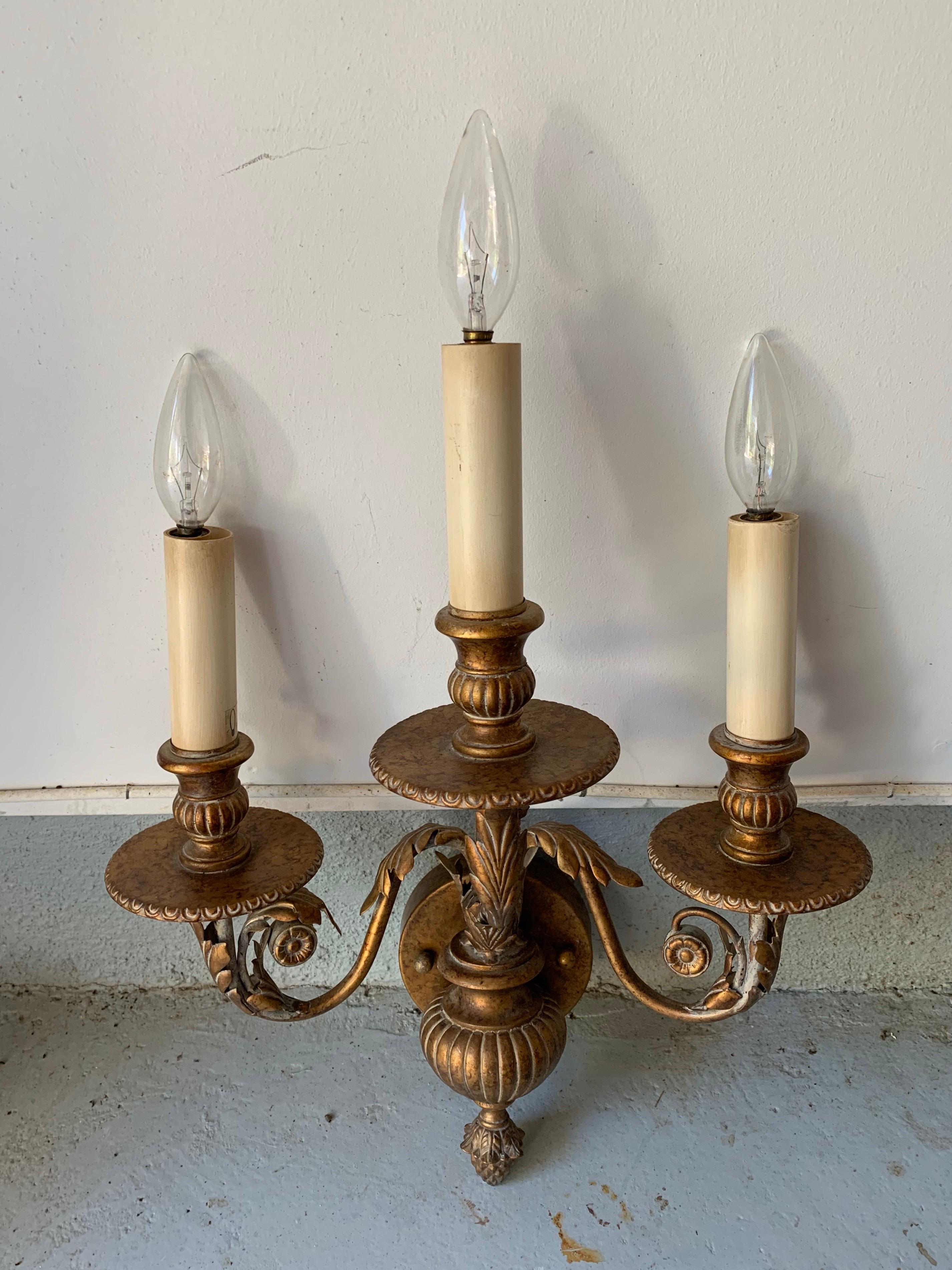 Traditional 3-Arm Brass Sconces & Shades by the Fine Arts Company, a Pair For Sale 2