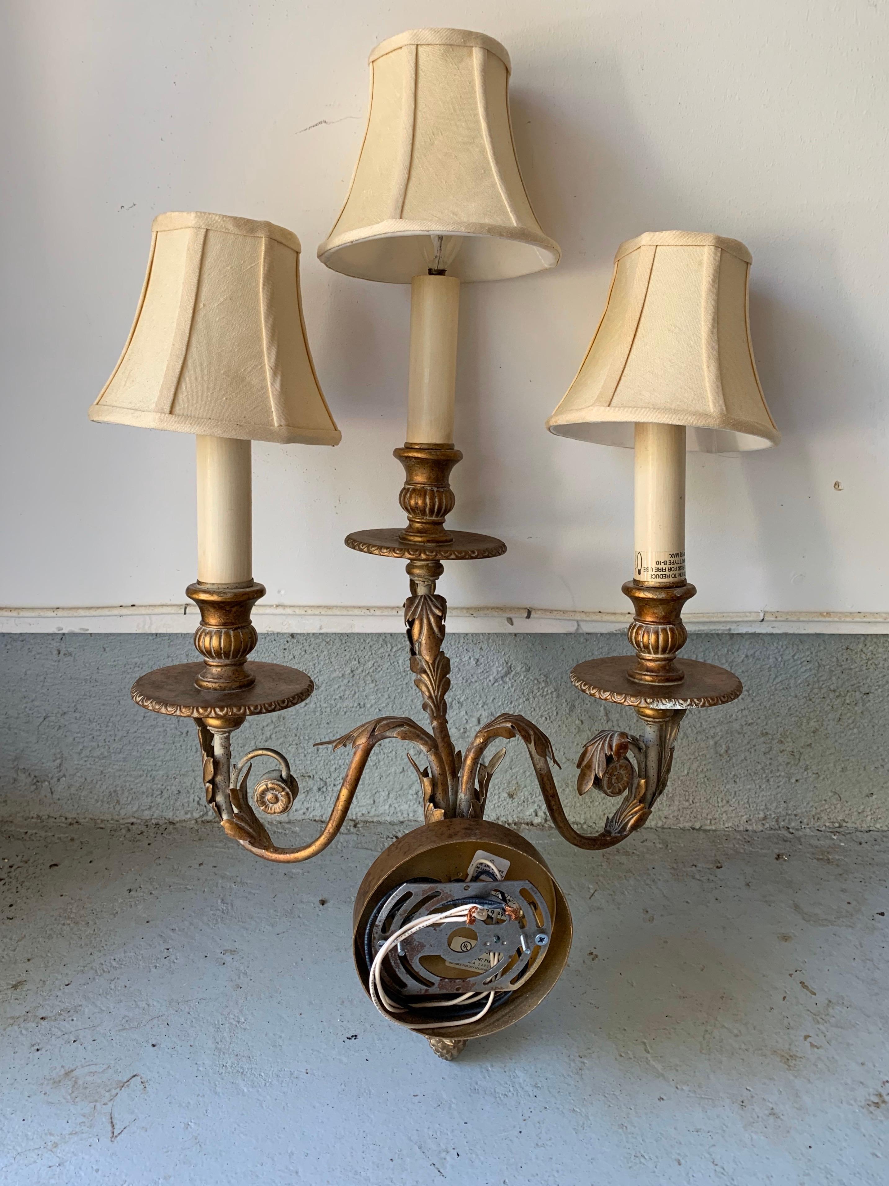 American the Fine Arts Company 3-Arm Brass Sconces & Shades - a Pair For Sale