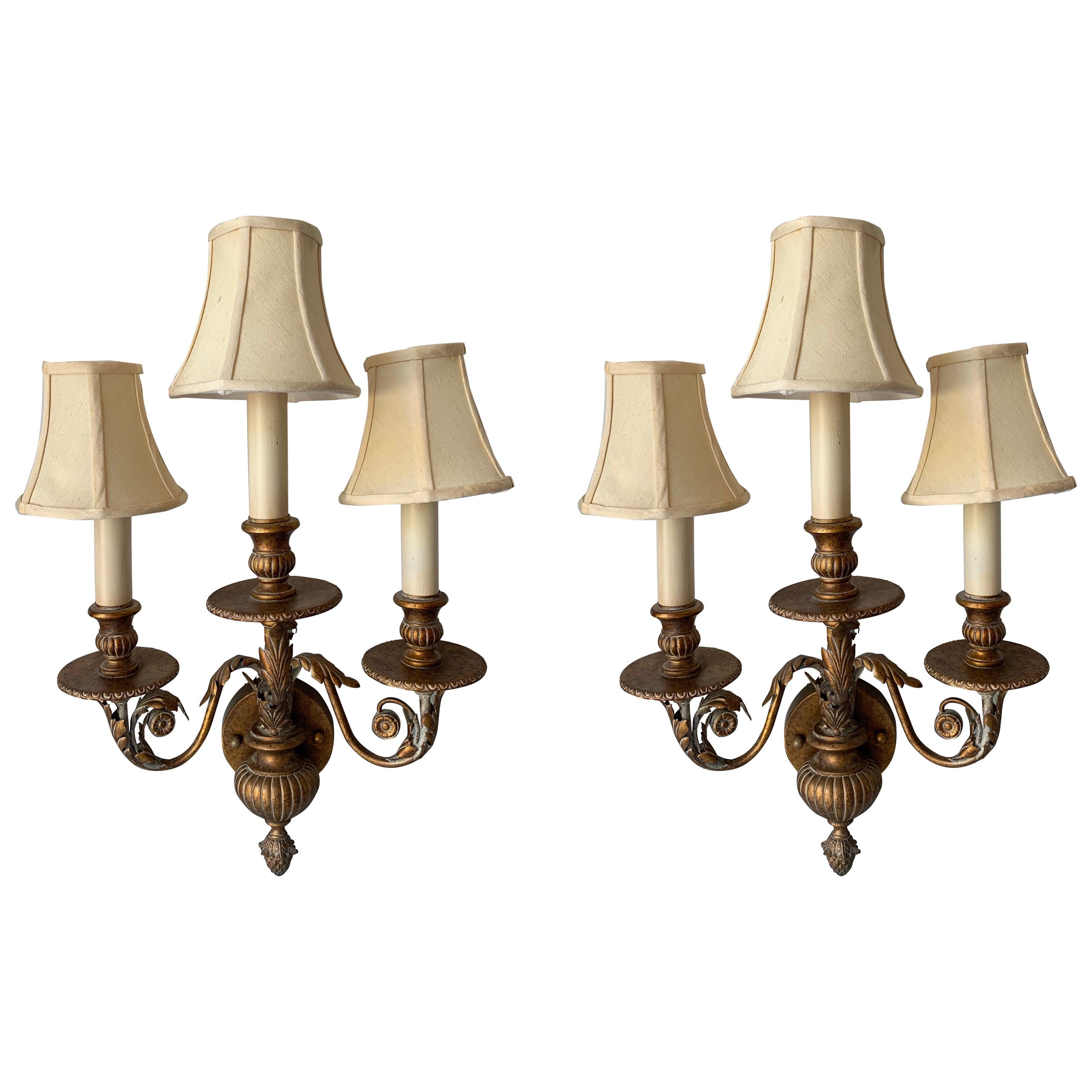 Traditional 3-Arm Brass Sconces & Shades by the Fine Arts Company, a Pair For Sale
