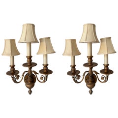 Vintage Traditional 3-Arm Brass Sconces & Shades by the Fine Arts Company, a Pair