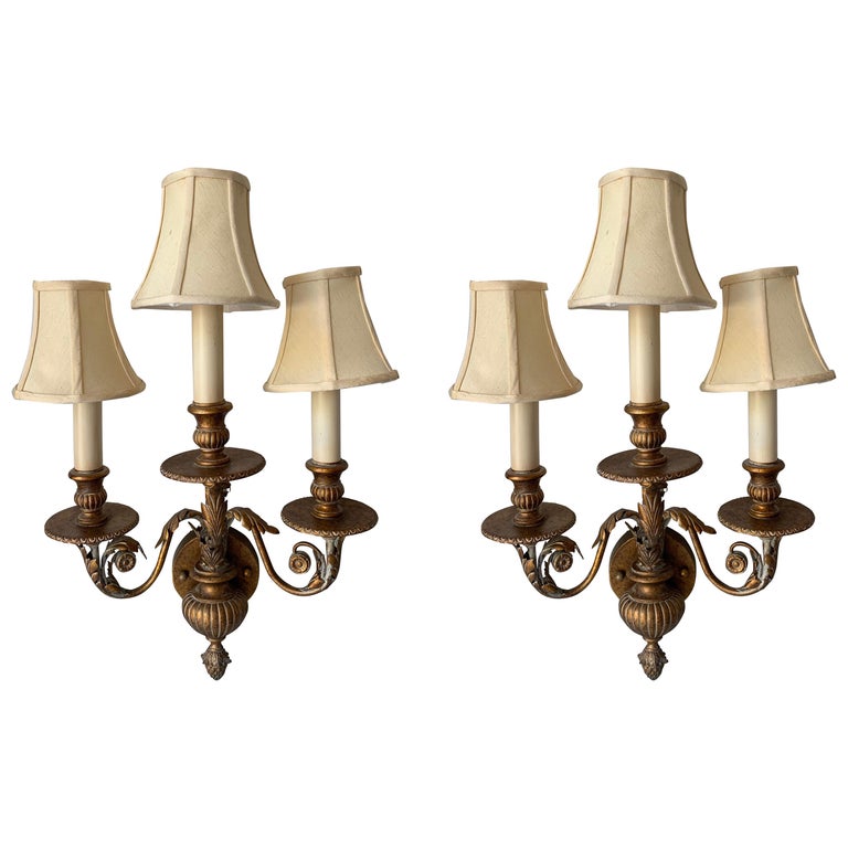 Traditional 3-Arm Brass Sconces and Shades by the Fine Arts Company, a Pair  For Sale at 1stDibs | traditional wall sconces with shades