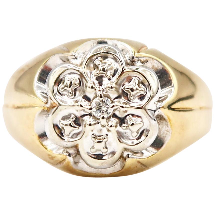 Traditional 6 Petals Men's Ring Diamond Yellow Gold and White Gold For Sale