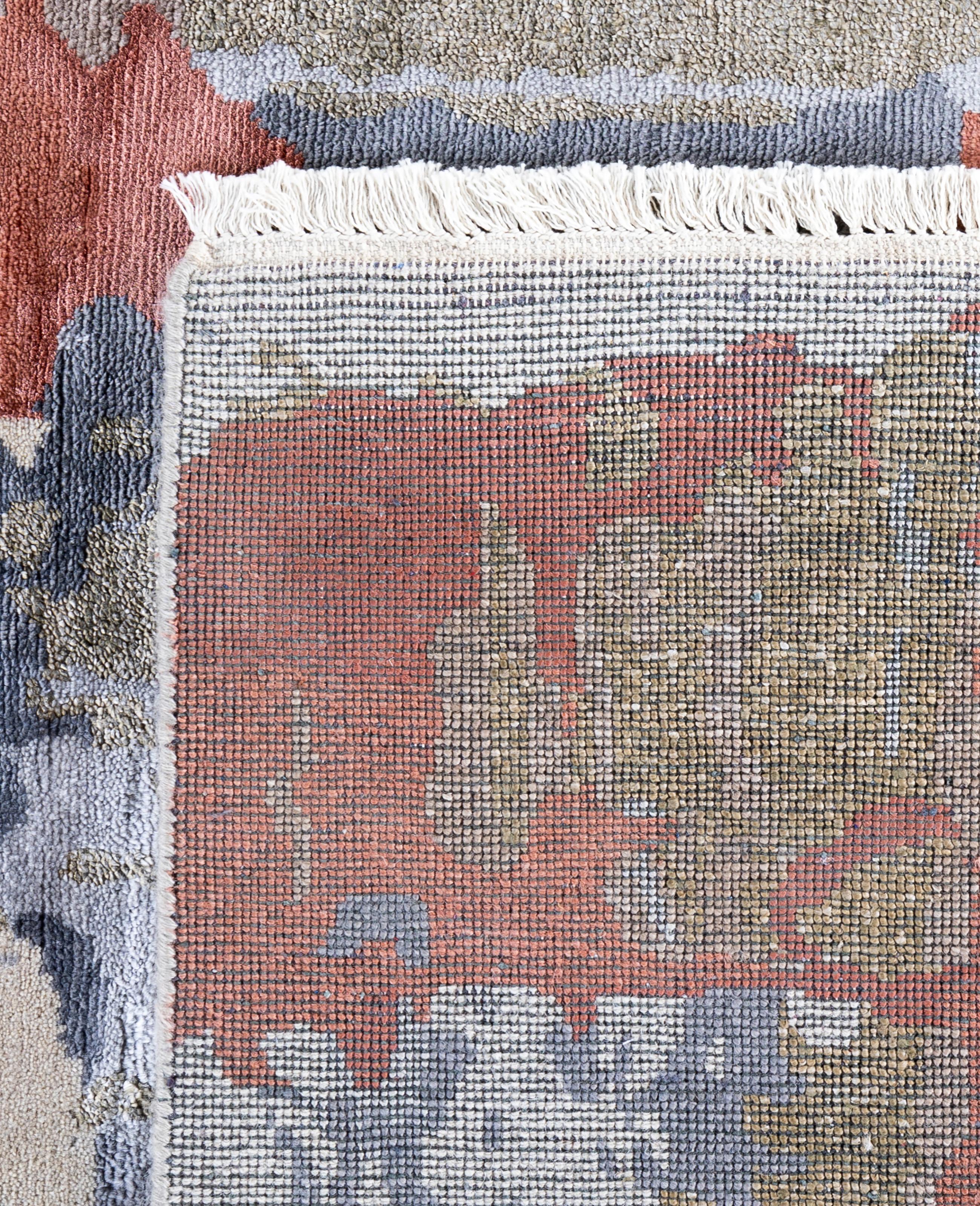 Alfombra Abstracta Tradicional de Seda y Lana Anudada a Mano, Beige 9' 2