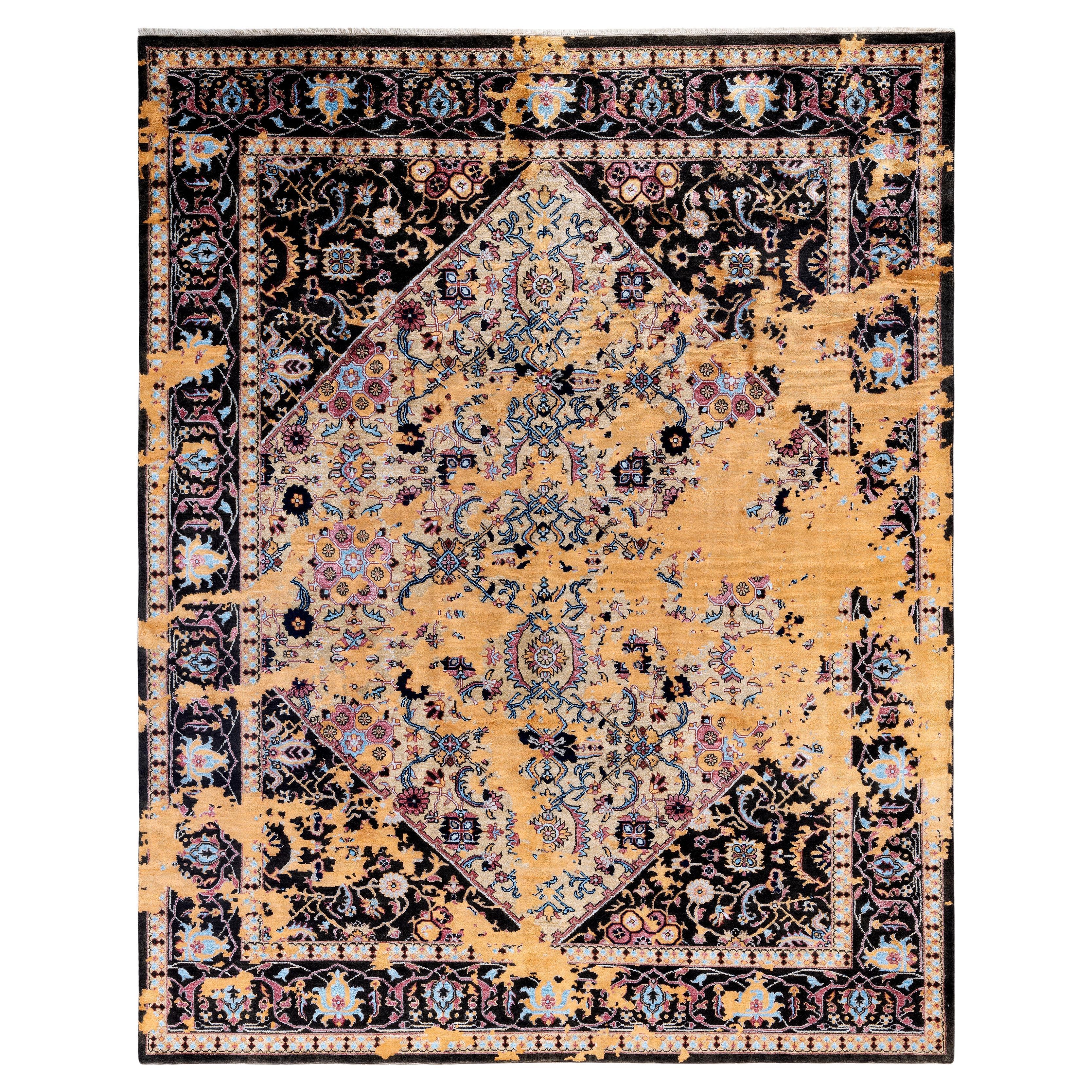 Traditioneller handgeknüpfter schwarzer Teppich aus abstrakter Seide und Wolle 8' 2" x 10' 2"