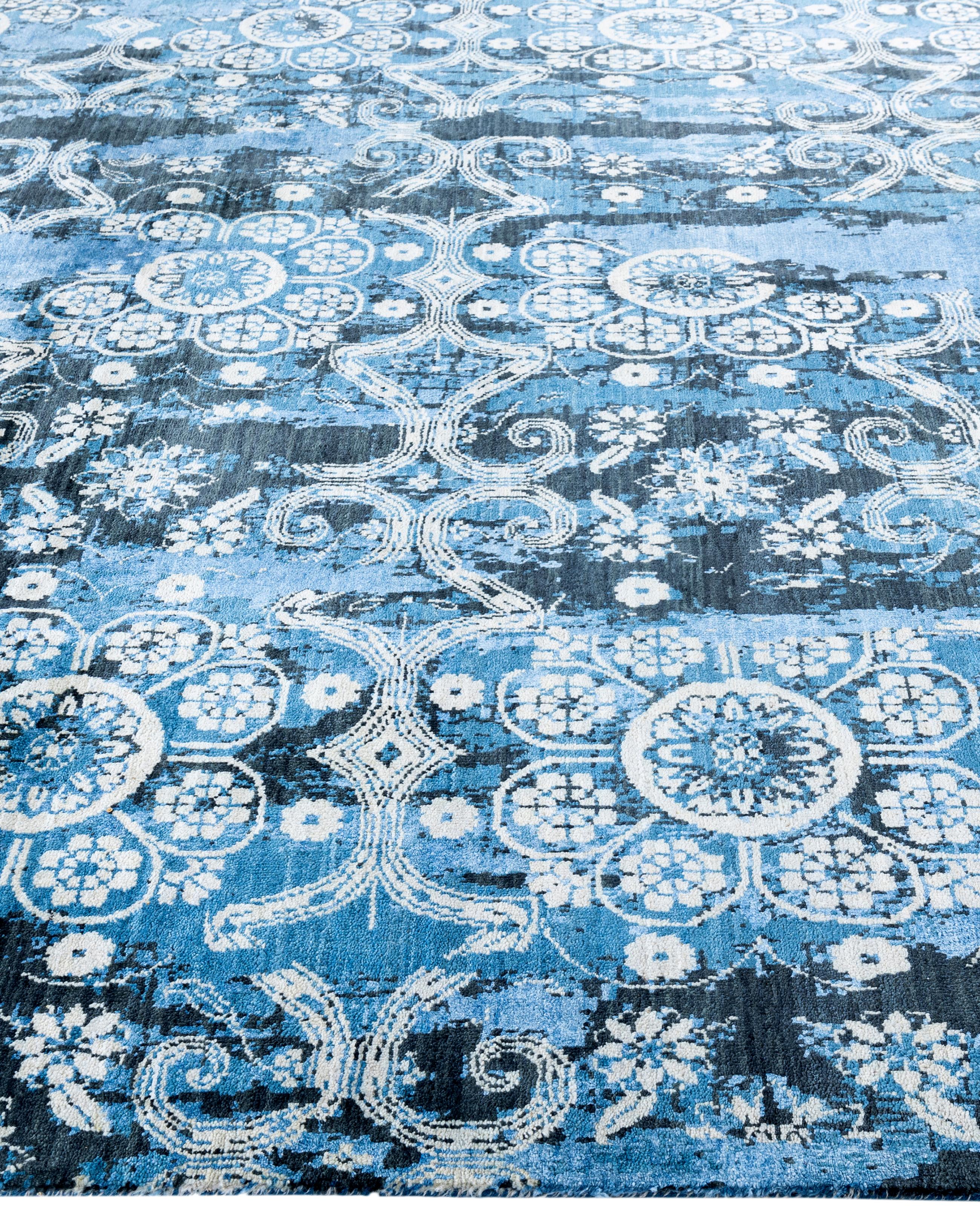 Alfombra Tradicional Abstracta de Seda y Lana Anudada a Mano Azul 8' 3