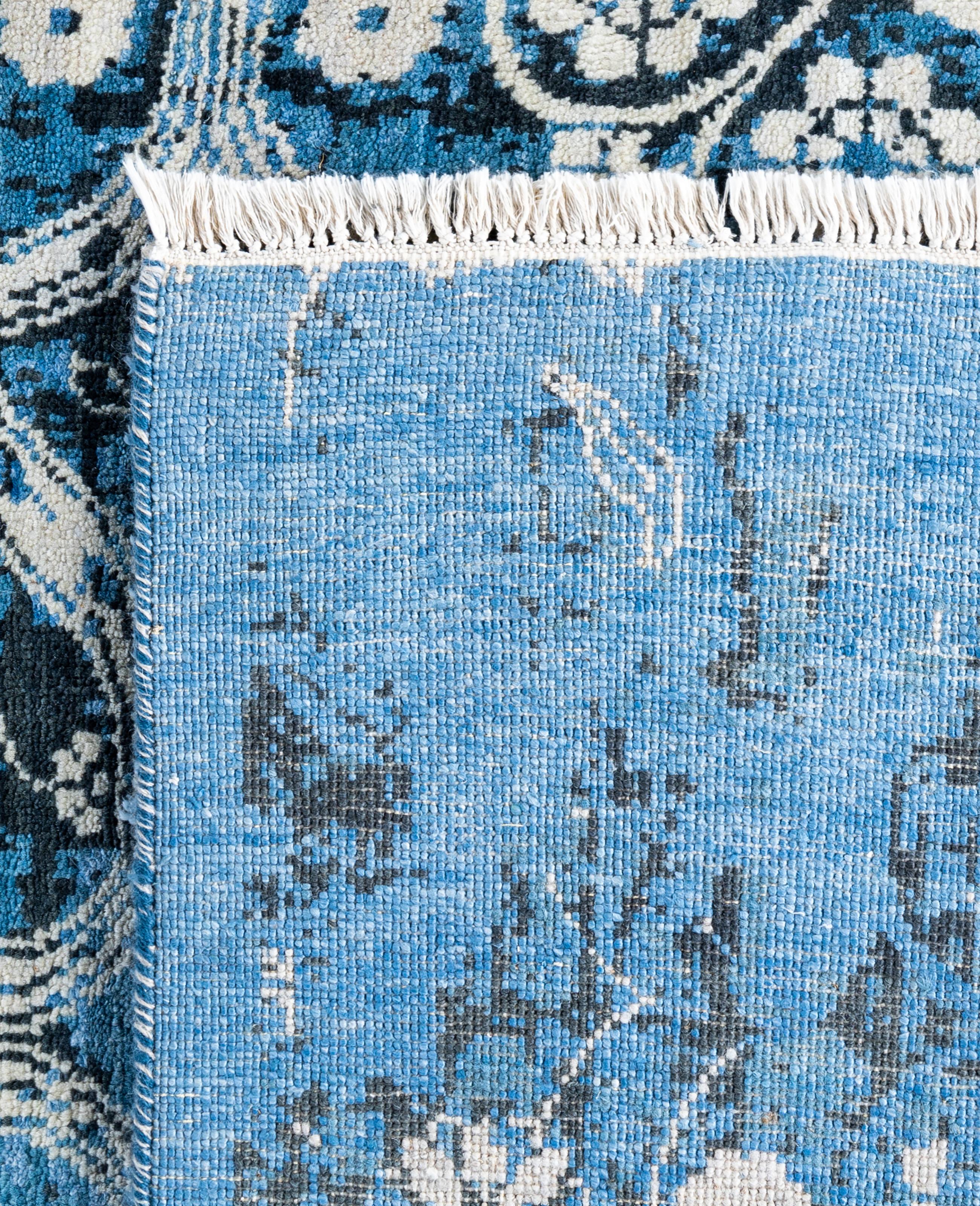 Alfombra Tradicional Abstracta de Seda y Lana Anudada a Mano Azul 8' 3