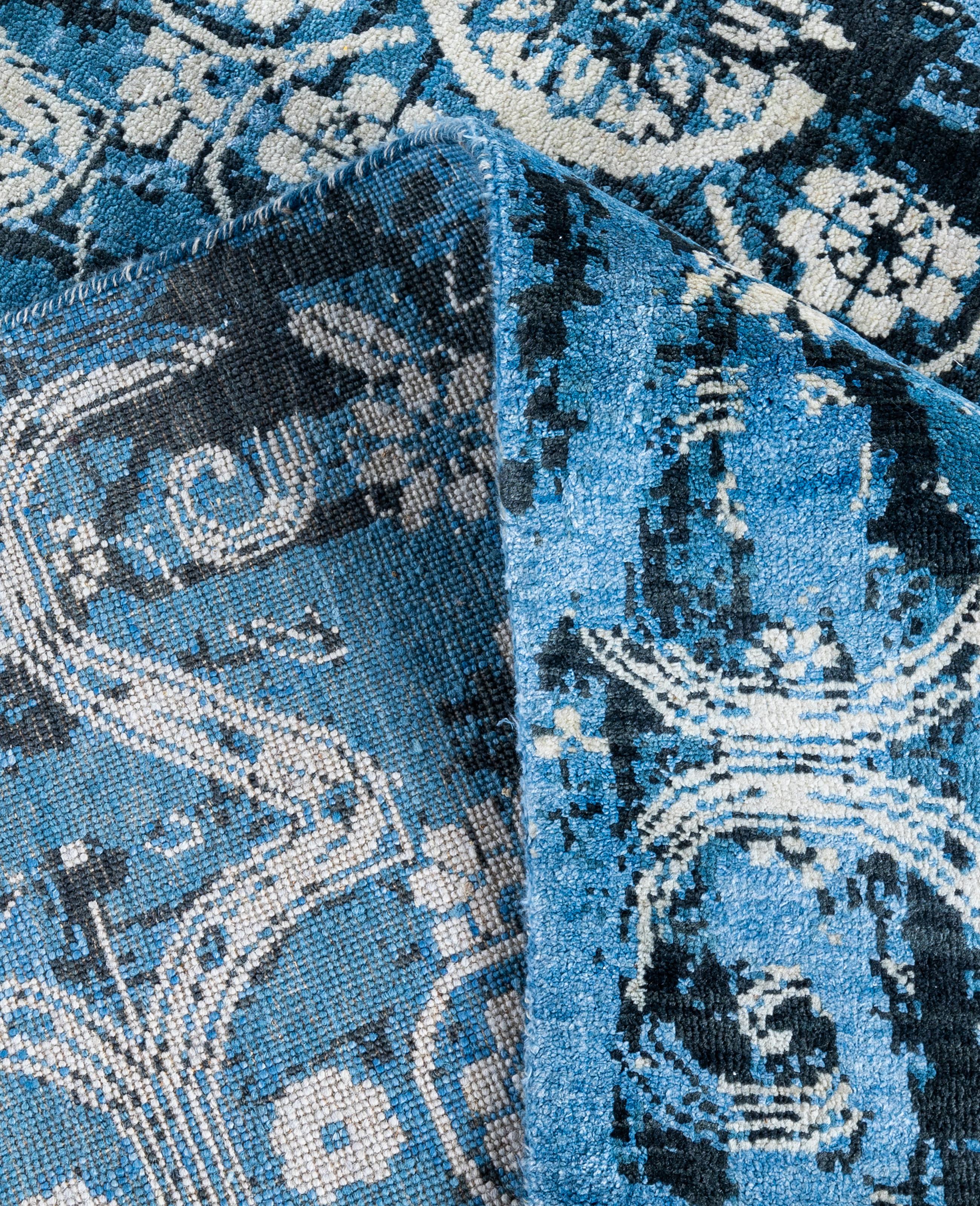 Alfombra Tradicional Abstracta de Seda y Lana Anudada a Mano Azul 8' 3