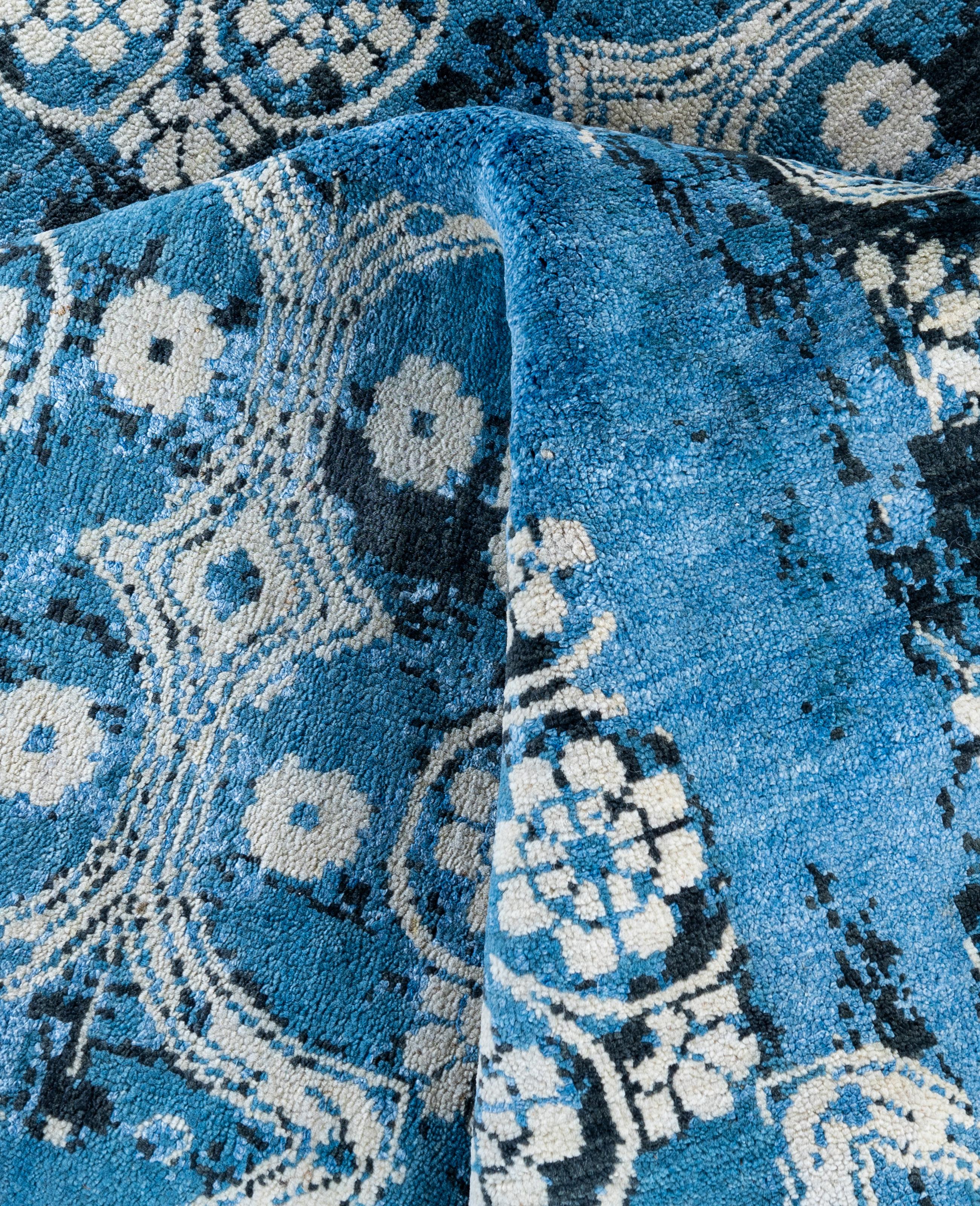 Alfombra Tradicional Abstracta de Seda y Lana Anudada a Mano Azul 8' 3