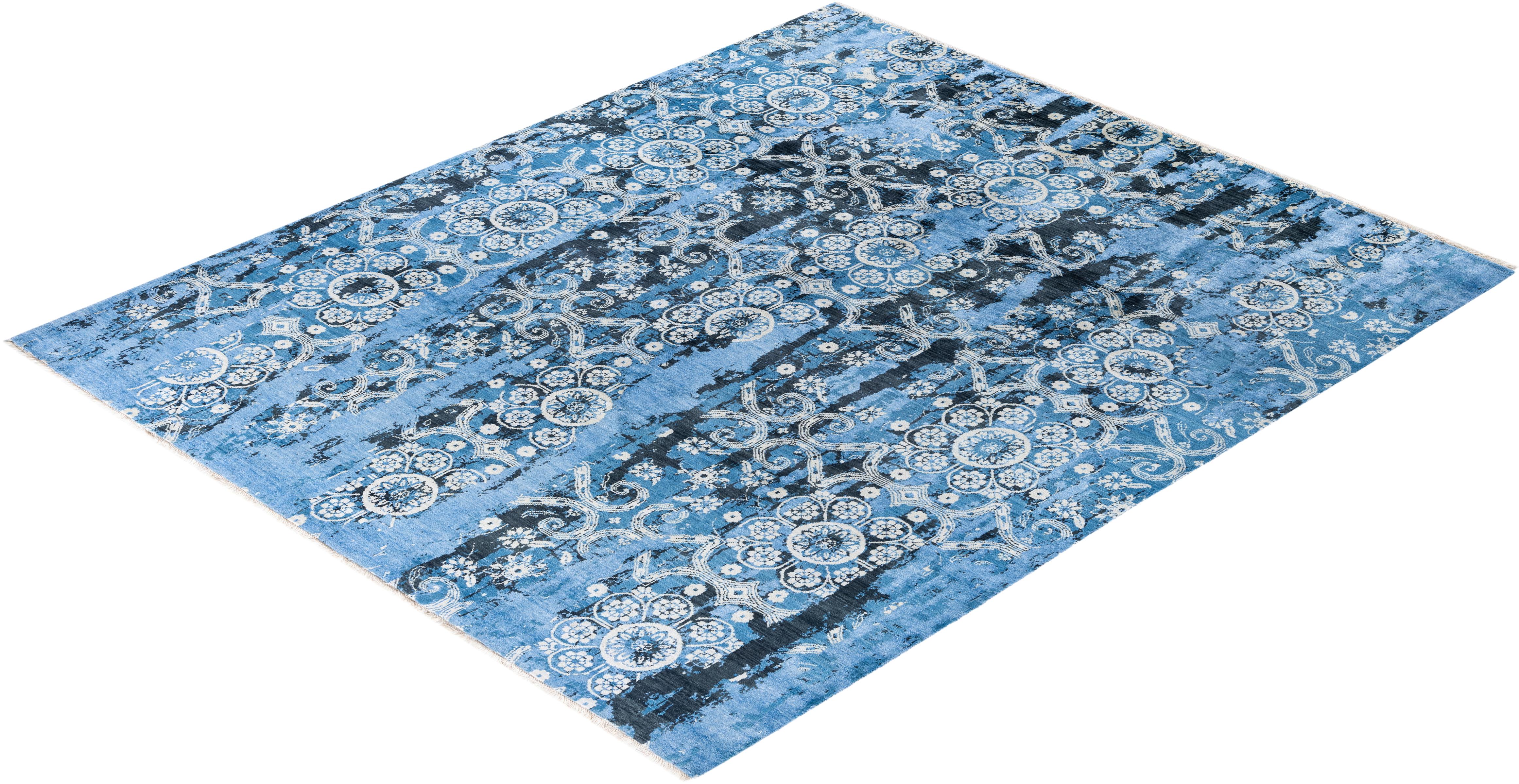 Alfombra Tradicional Abstracta de Seda y Lana Anudada a Mano Azul 8' 3