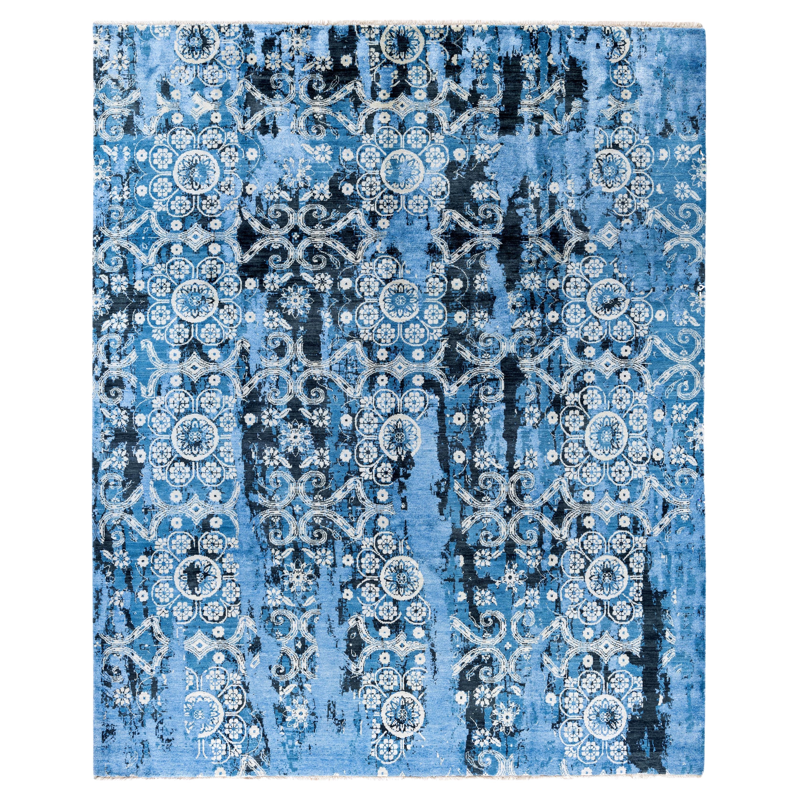 Traditional Abstract Silk, Wool Hand Knotted Blue Area Rug 8' 3" x 9' 10"