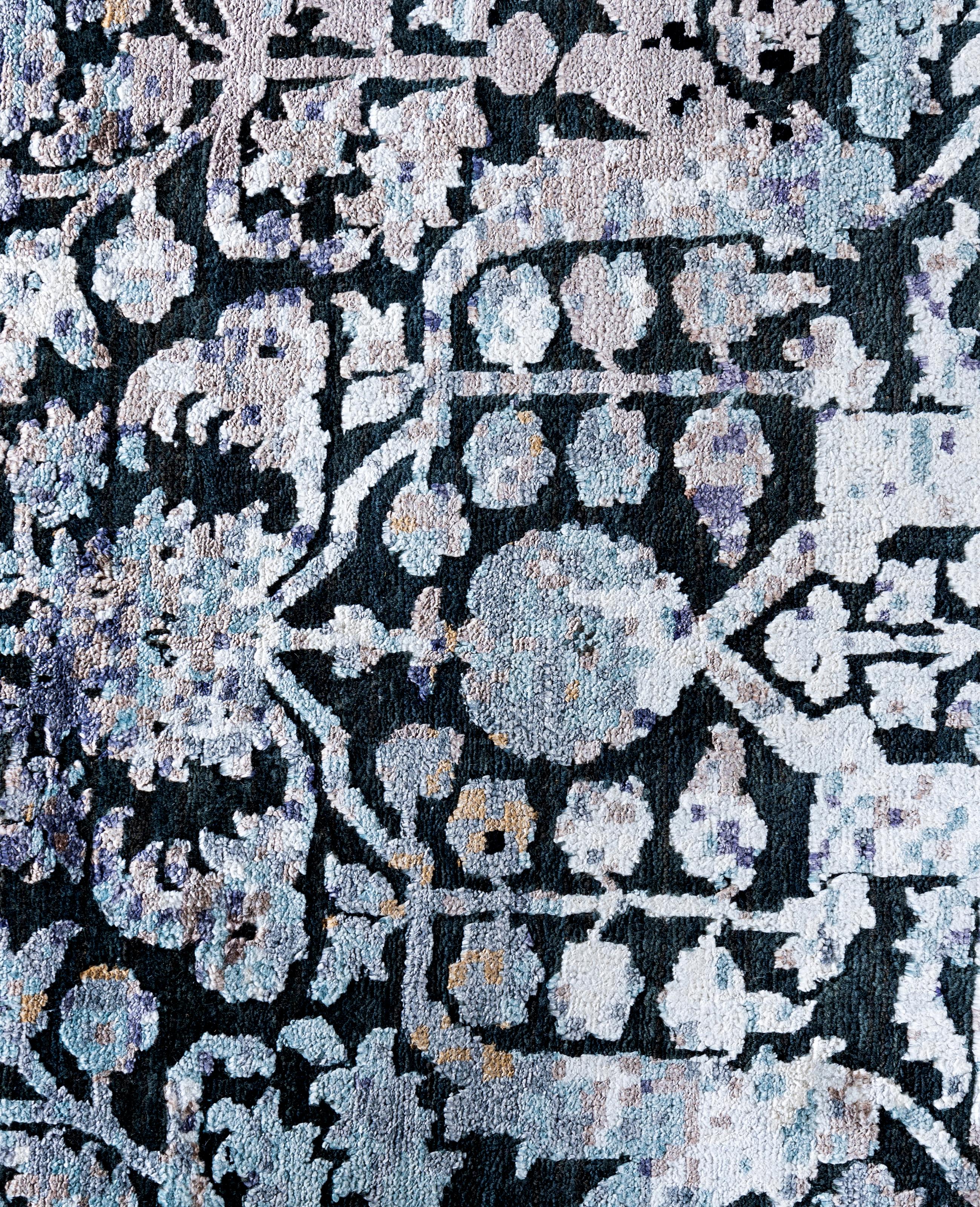Alfombra Tradicional Abstracta de Seda y Lana Anudada a Mano Gris 8' 1