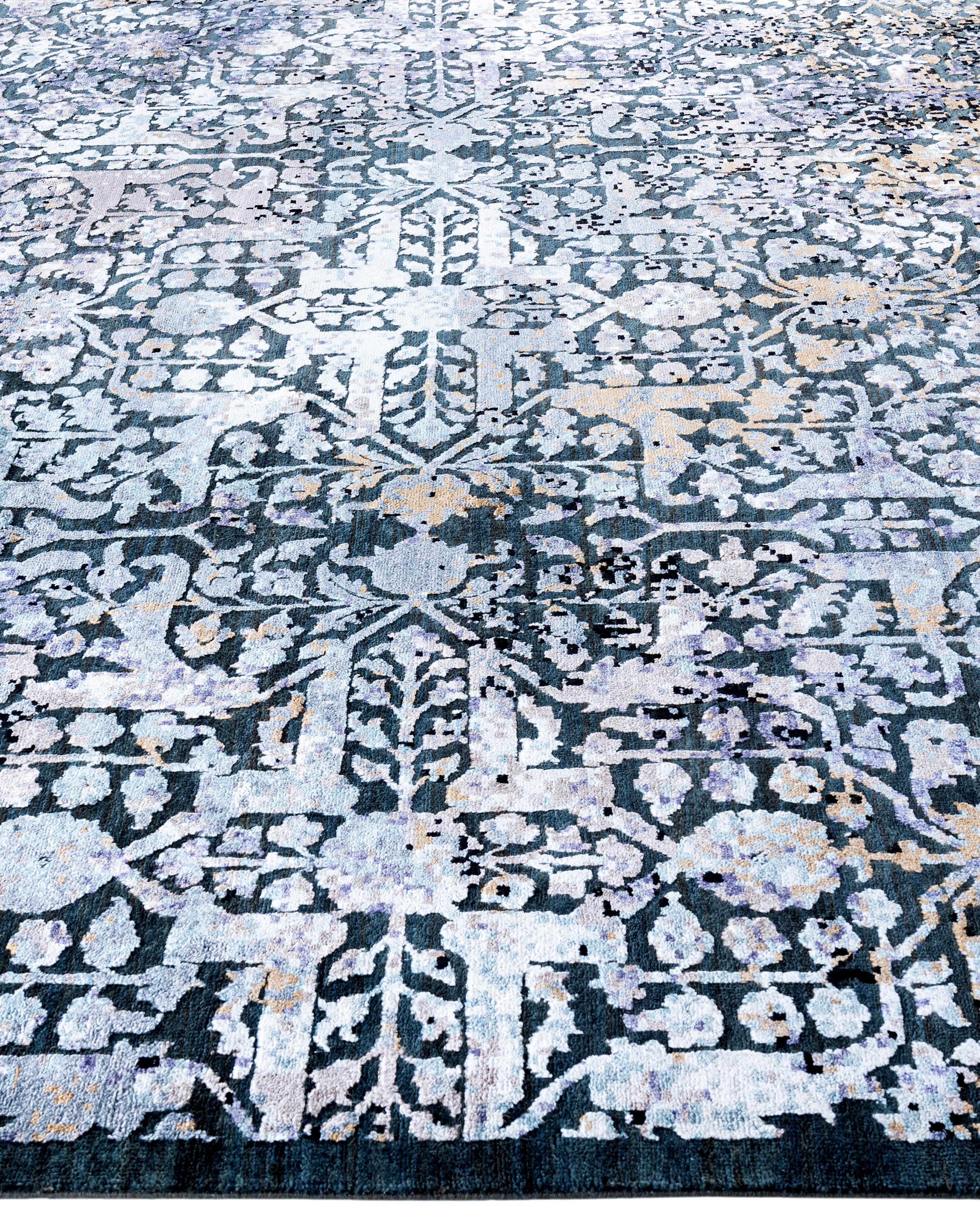 Alfombra Tradicional Abstracta de Seda y Lana Anudada a Mano Gris 8' 1