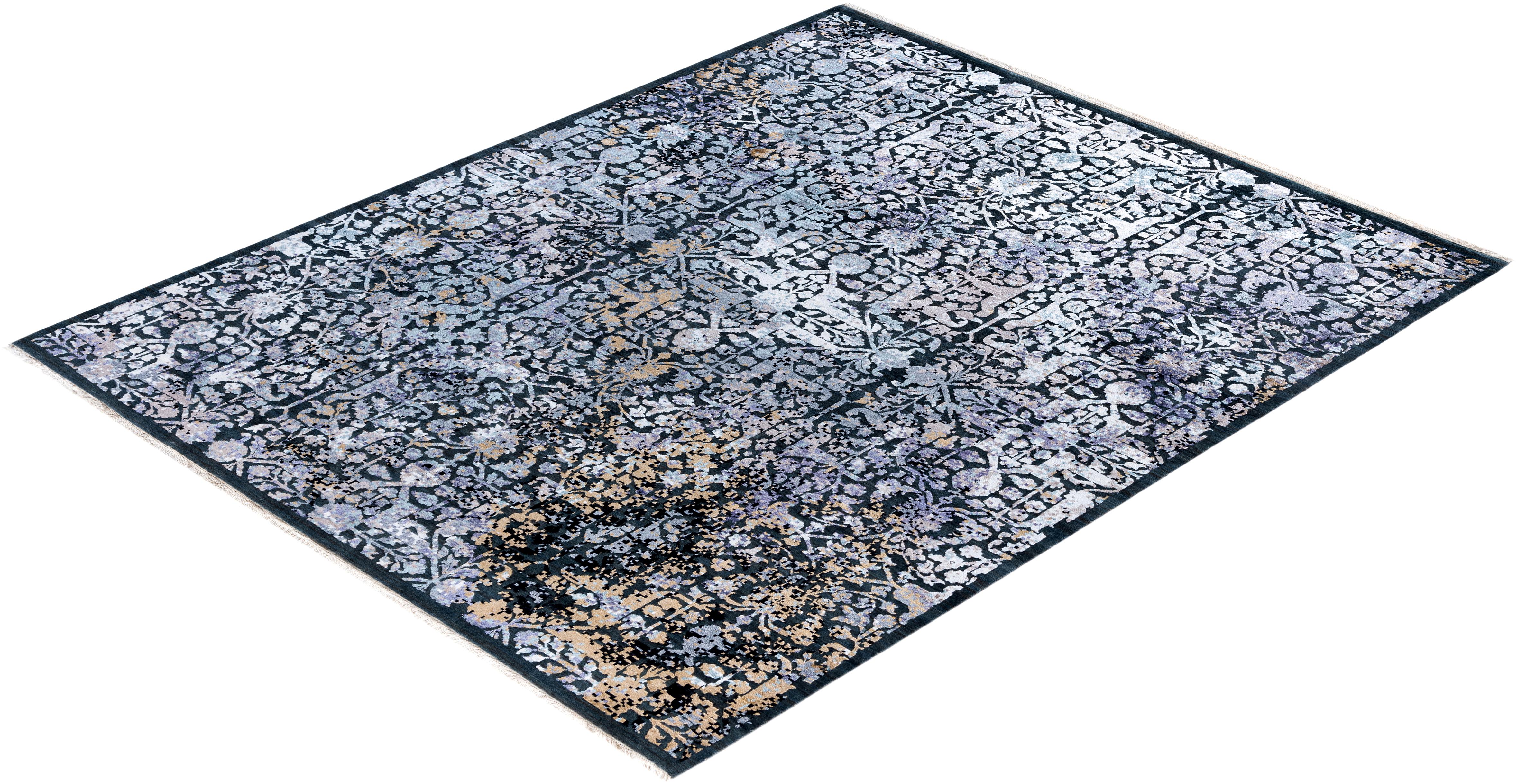 Alfombra Tradicional Abstracta de Seda y Lana Anudada a Mano Gris 8' 1