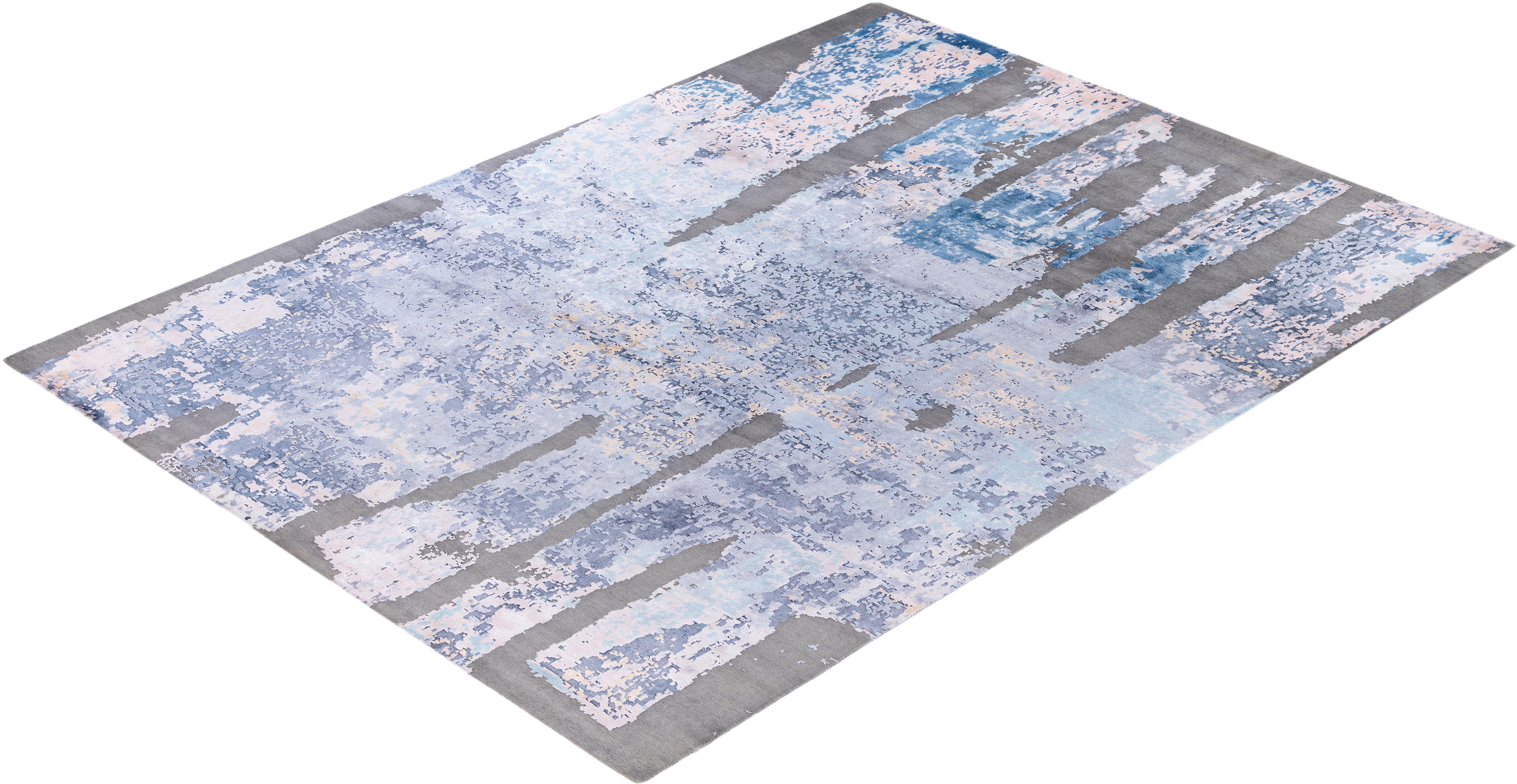 Traditional Abstract Silk, Wool Hand Knotted Gray Area Rugs 9' 0