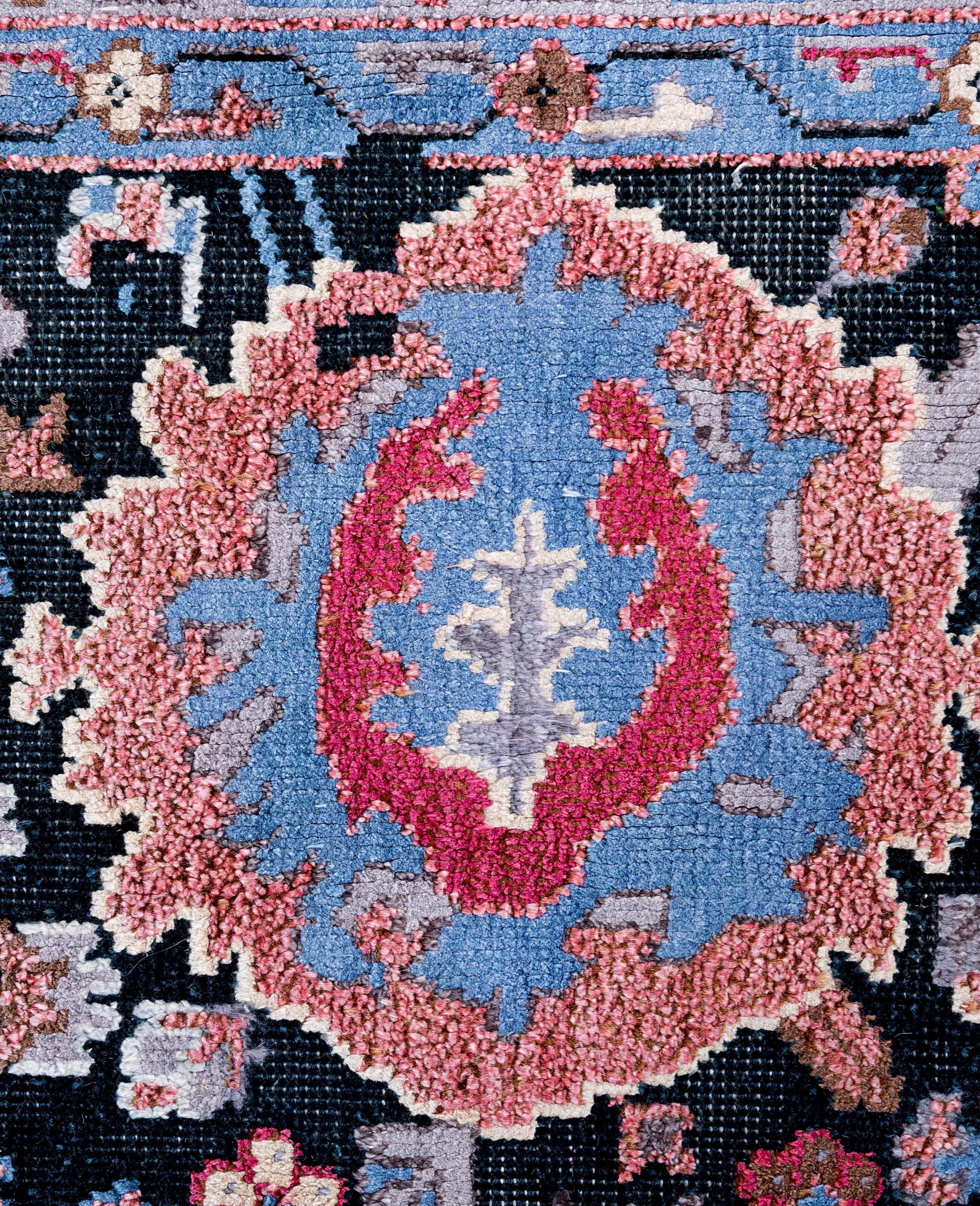 Alfombra Abstracta Tradicional de Seda y Lana Anudada a Mano Azul Marino 8' 10