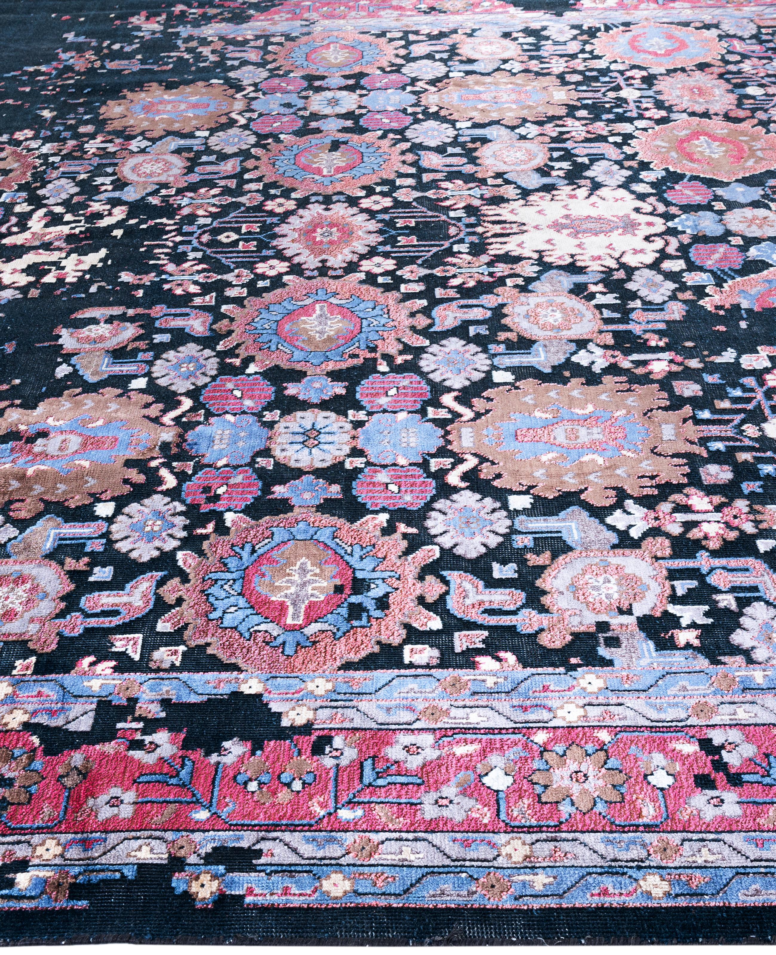 Alfombra Abstracta Tradicional de Seda y Lana Anudada a Mano Azul Marino 8' 10
