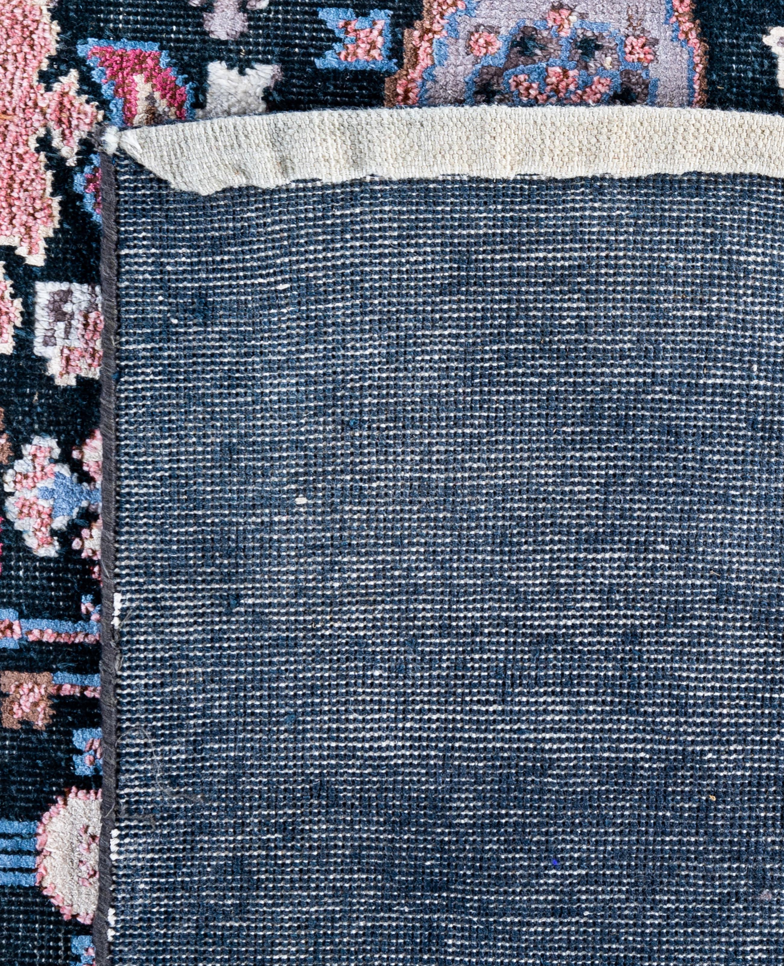 Alfombra Abstracta Tradicional de Seda y Lana Anudada a Mano Azul Marino 8' 10