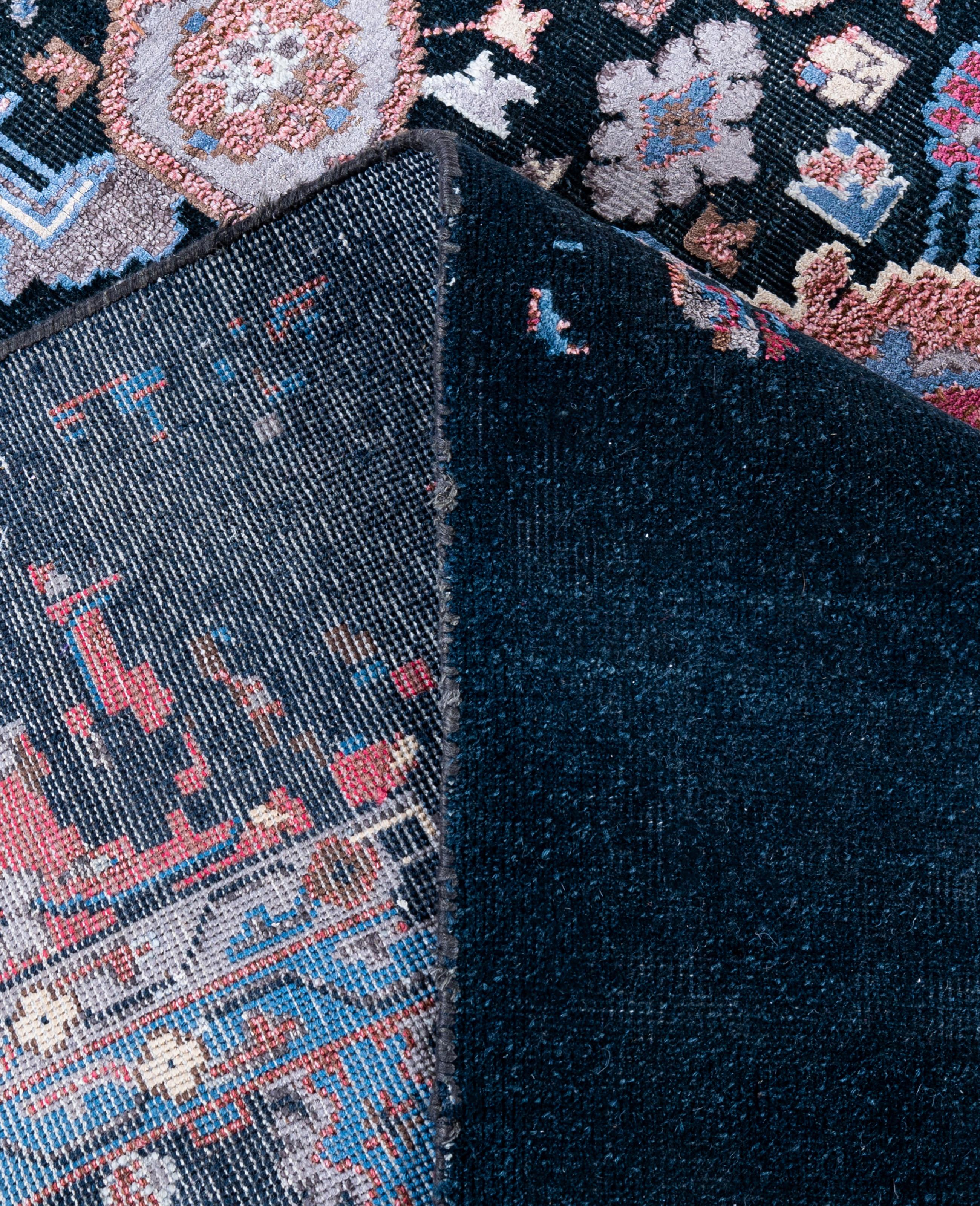 Alfombra Abstracta Tradicional de Seda y Lana Anudada a Mano Azul Marino 8' 10