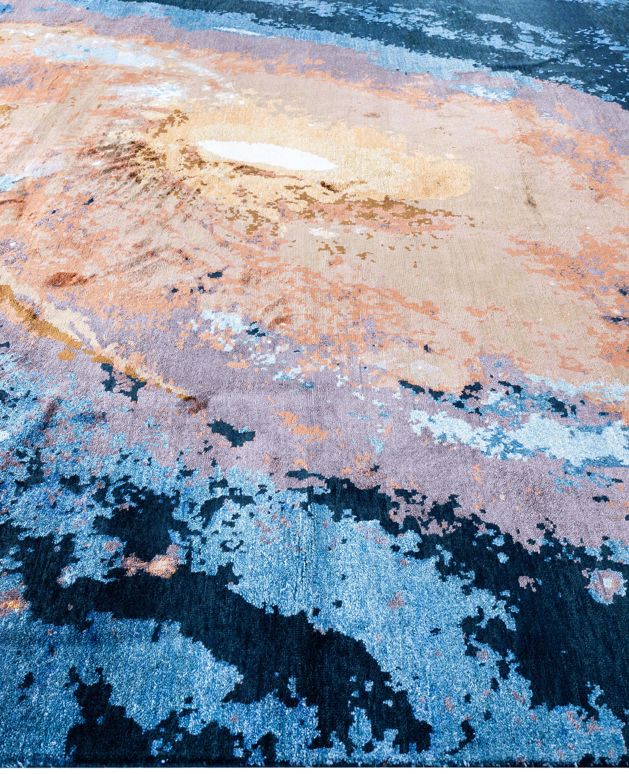 Annodato a mano Traditional Abstract Silk, Wool Hand Knotted Navy Area Rugs 8' 2