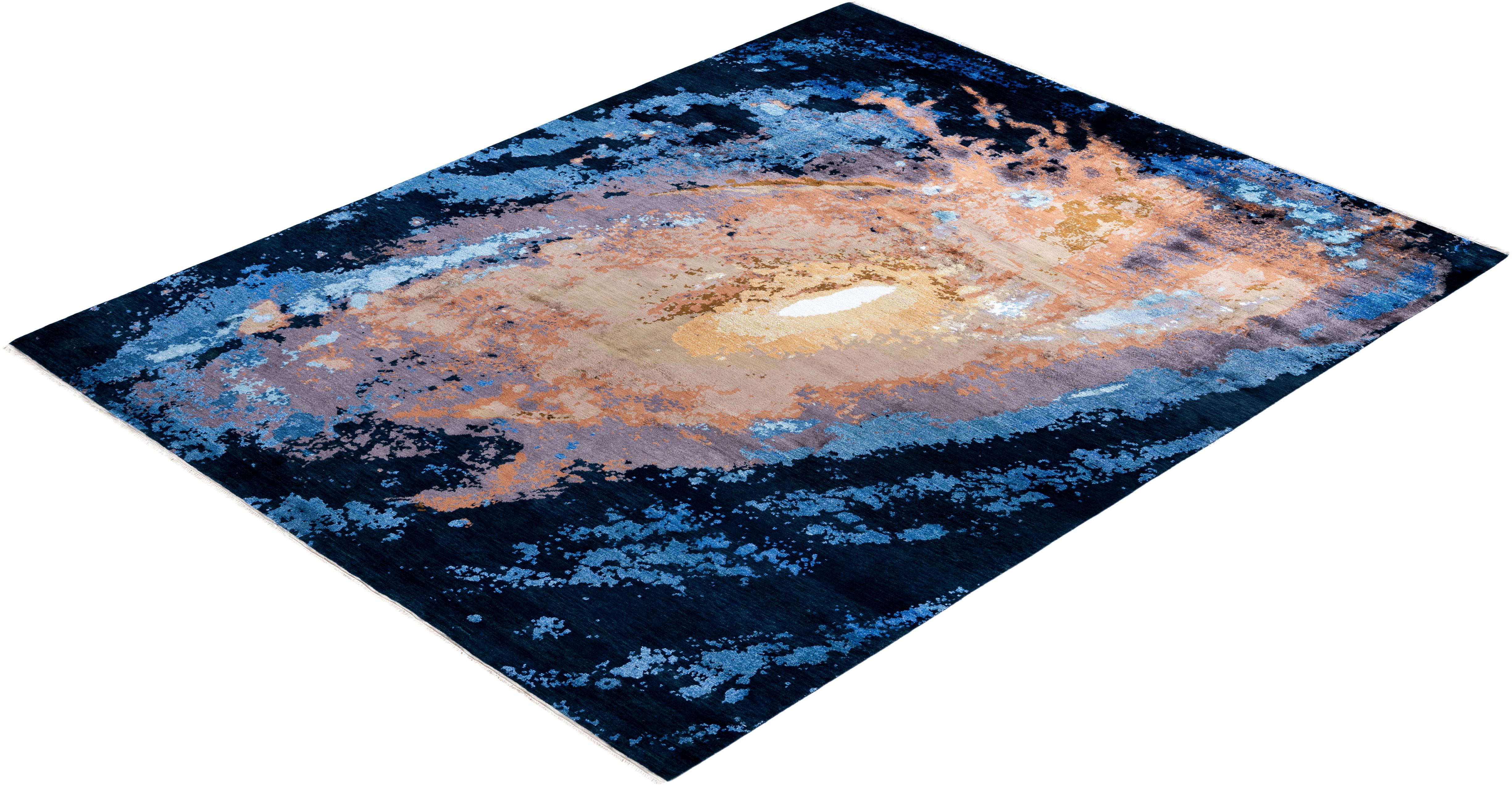 Traditional Abstract Silk, Wool Hand Knotted Navy Area Rugs 8' 2