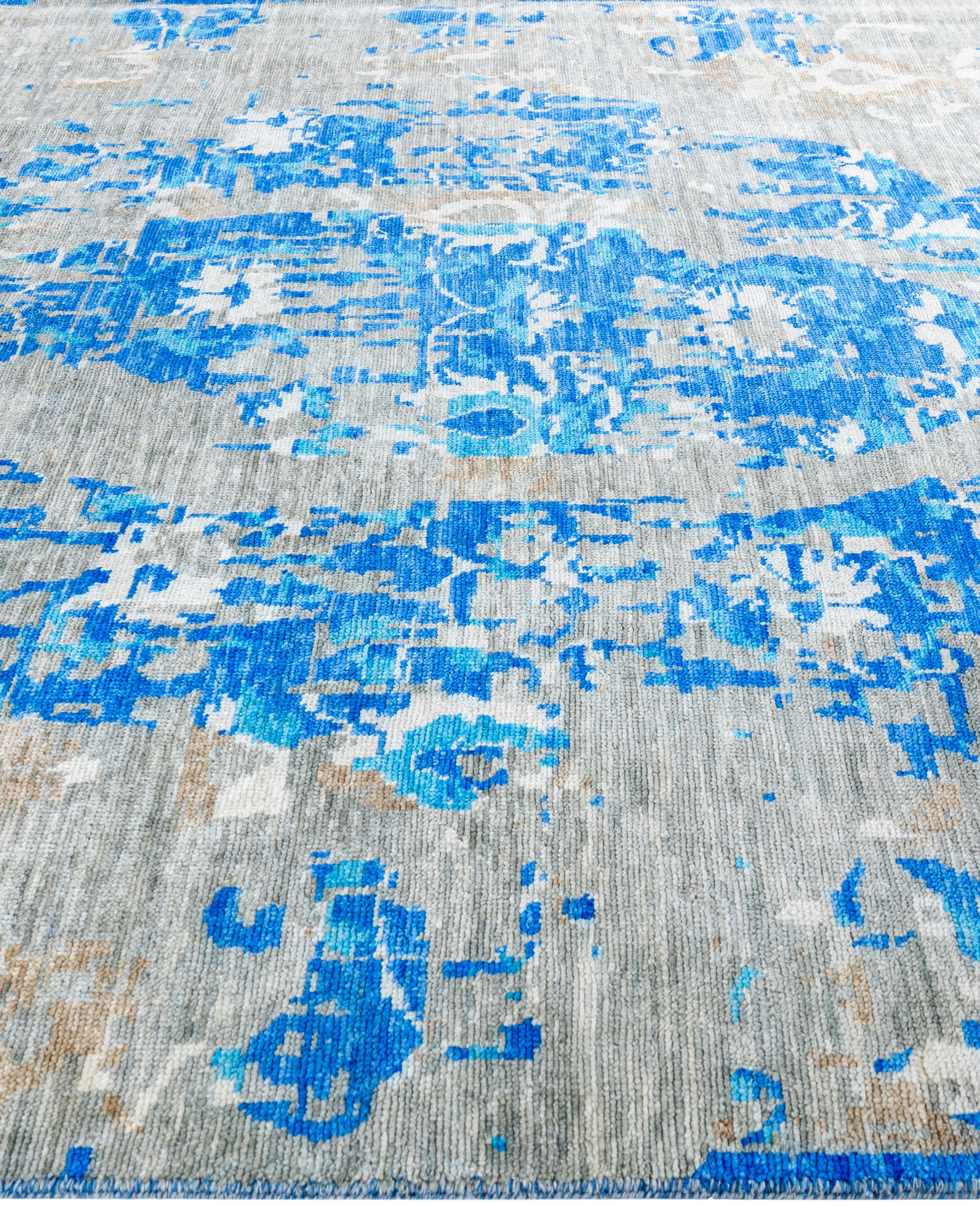 Annodato a mano Traditional Abstract Wool Hand Knoted Blue Area Rugs 8' 1