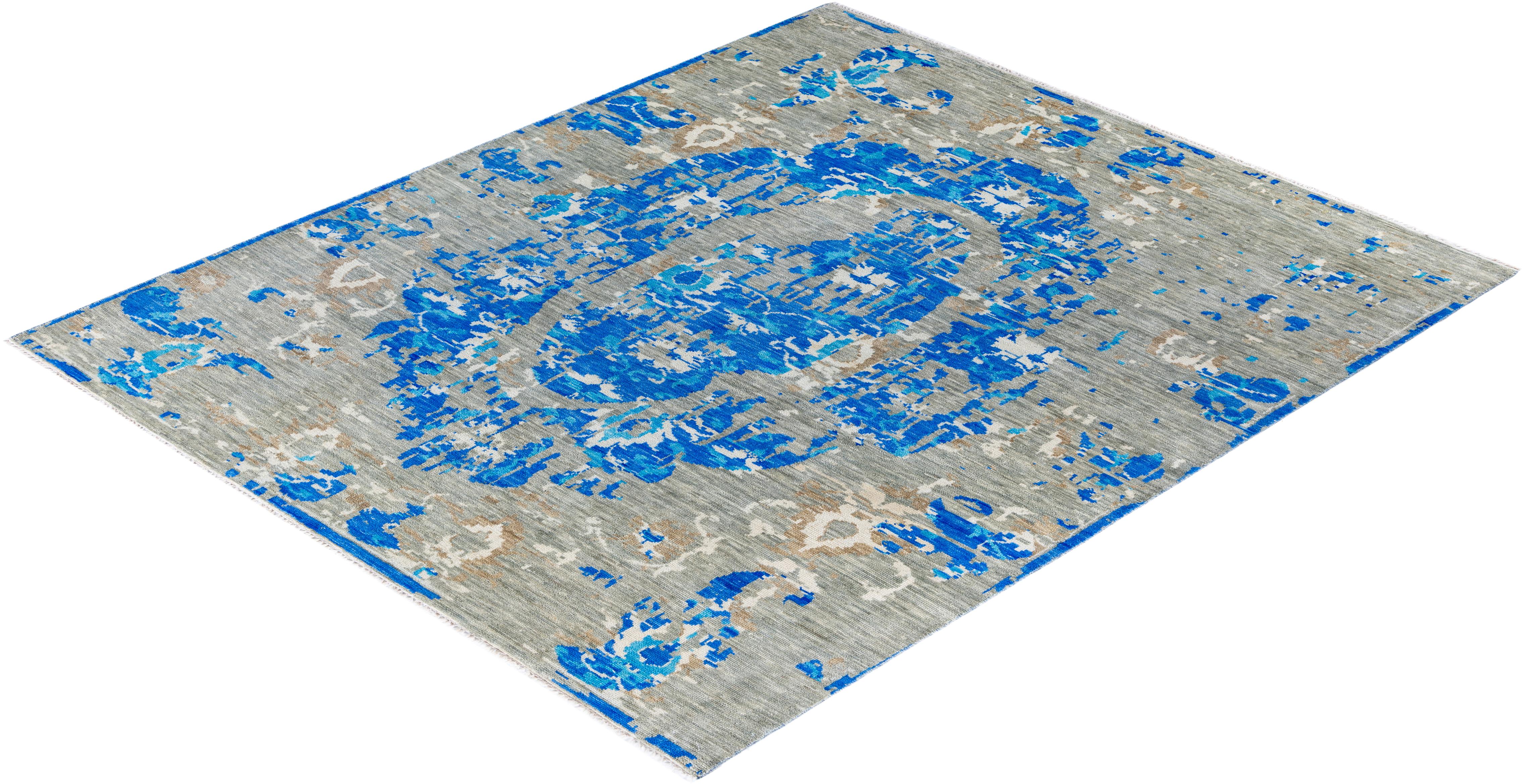 Traditional Abstract Wool Hand Knoted Blue Area Rugs 8' 1