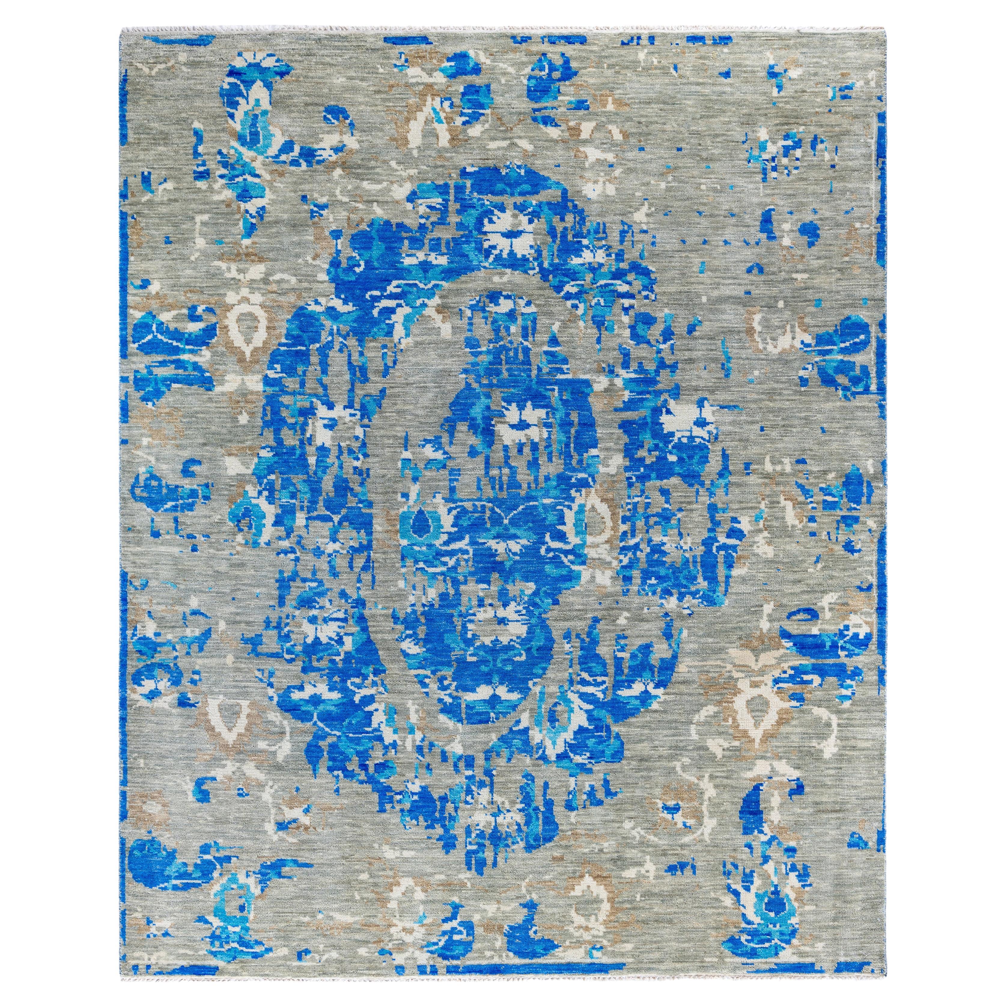 Traditional Abstract Wool Hand Knotted Blue Area Rug 8' 1" x 9' 9"