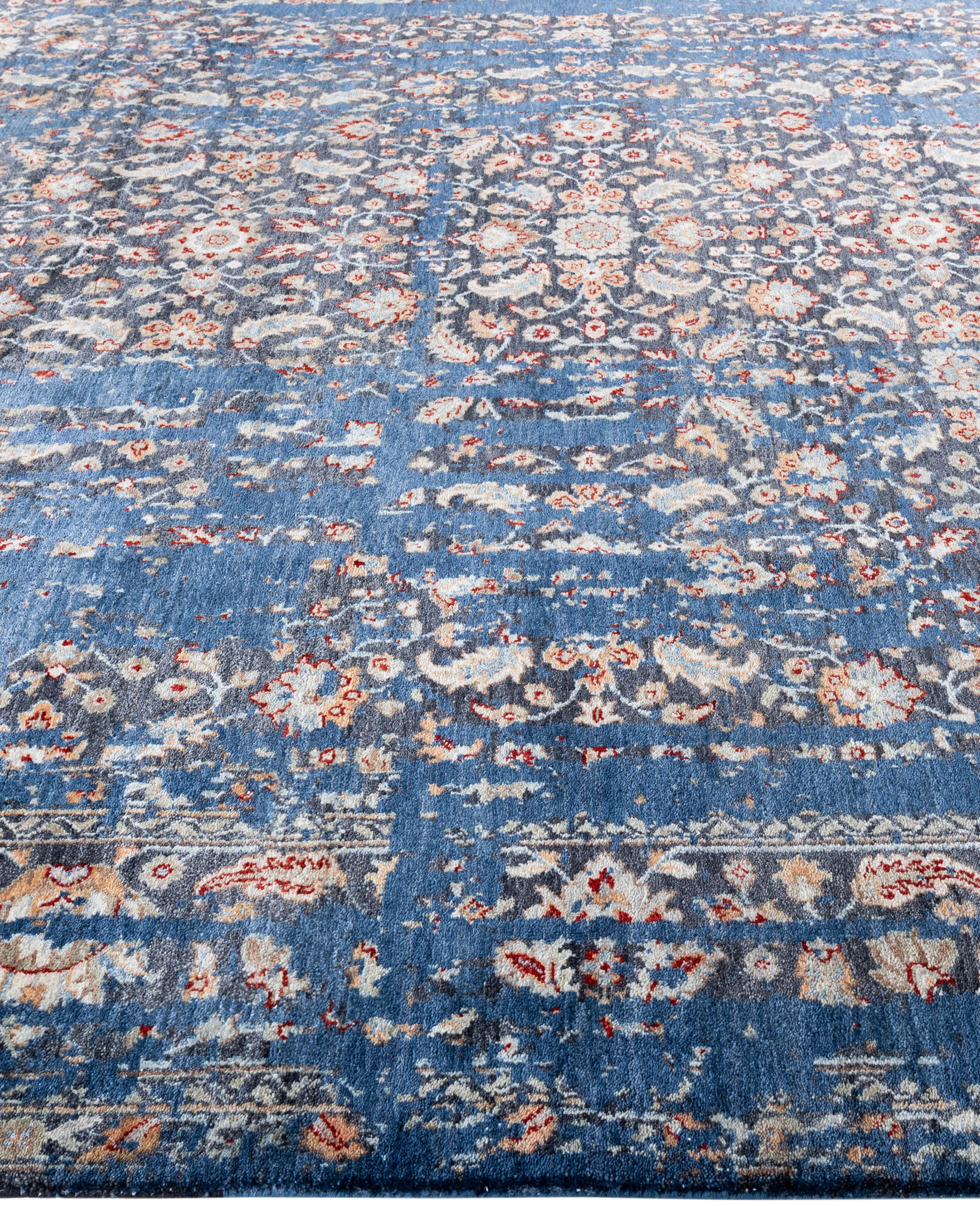 Traditioneller abstrakter handgeknüpfter blauer Teppich aus Wolle 9' 1