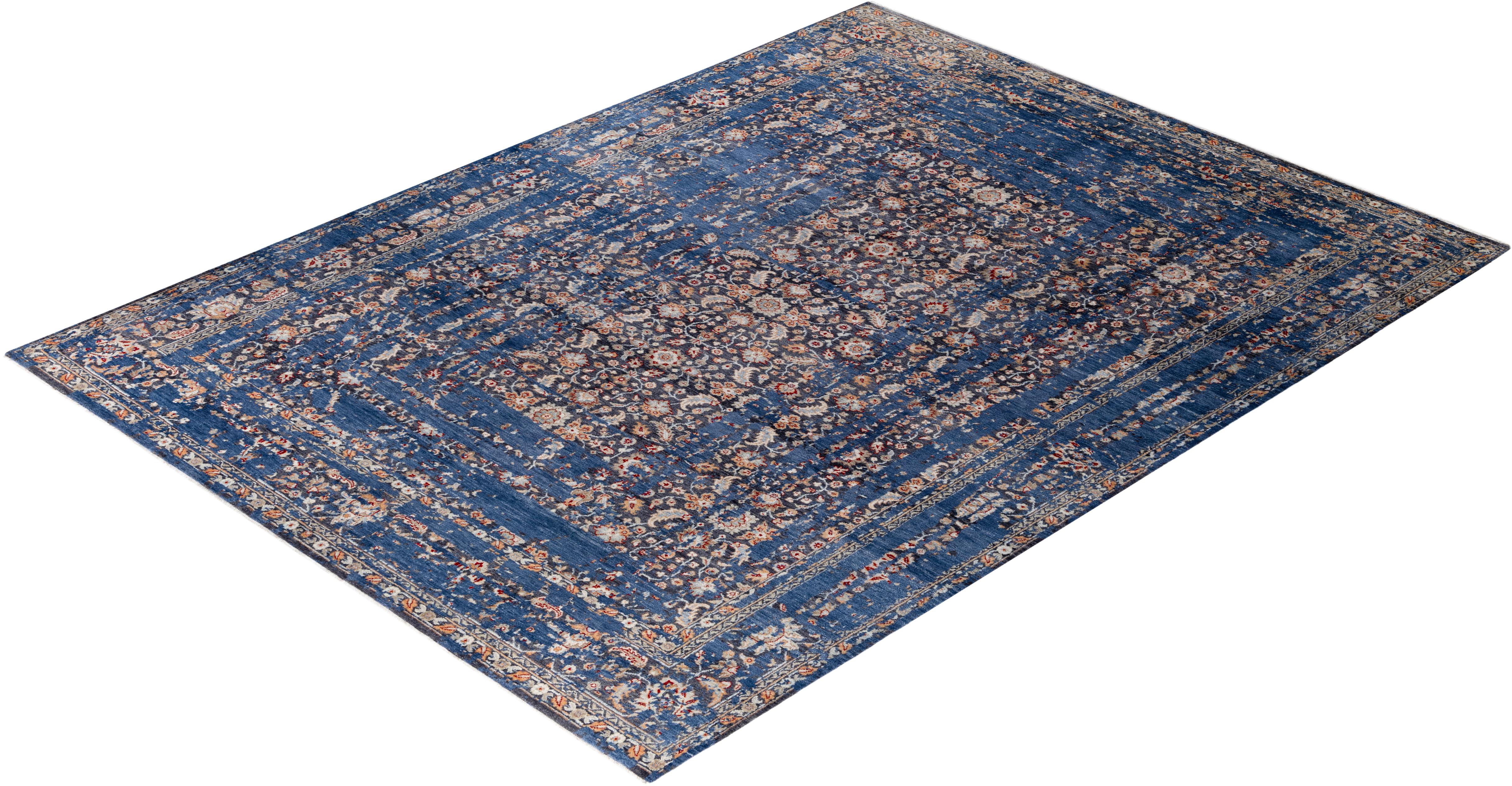 Traditioneller abstrakter handgeknüpfter blauer Teppich aus Wolle 9' 1