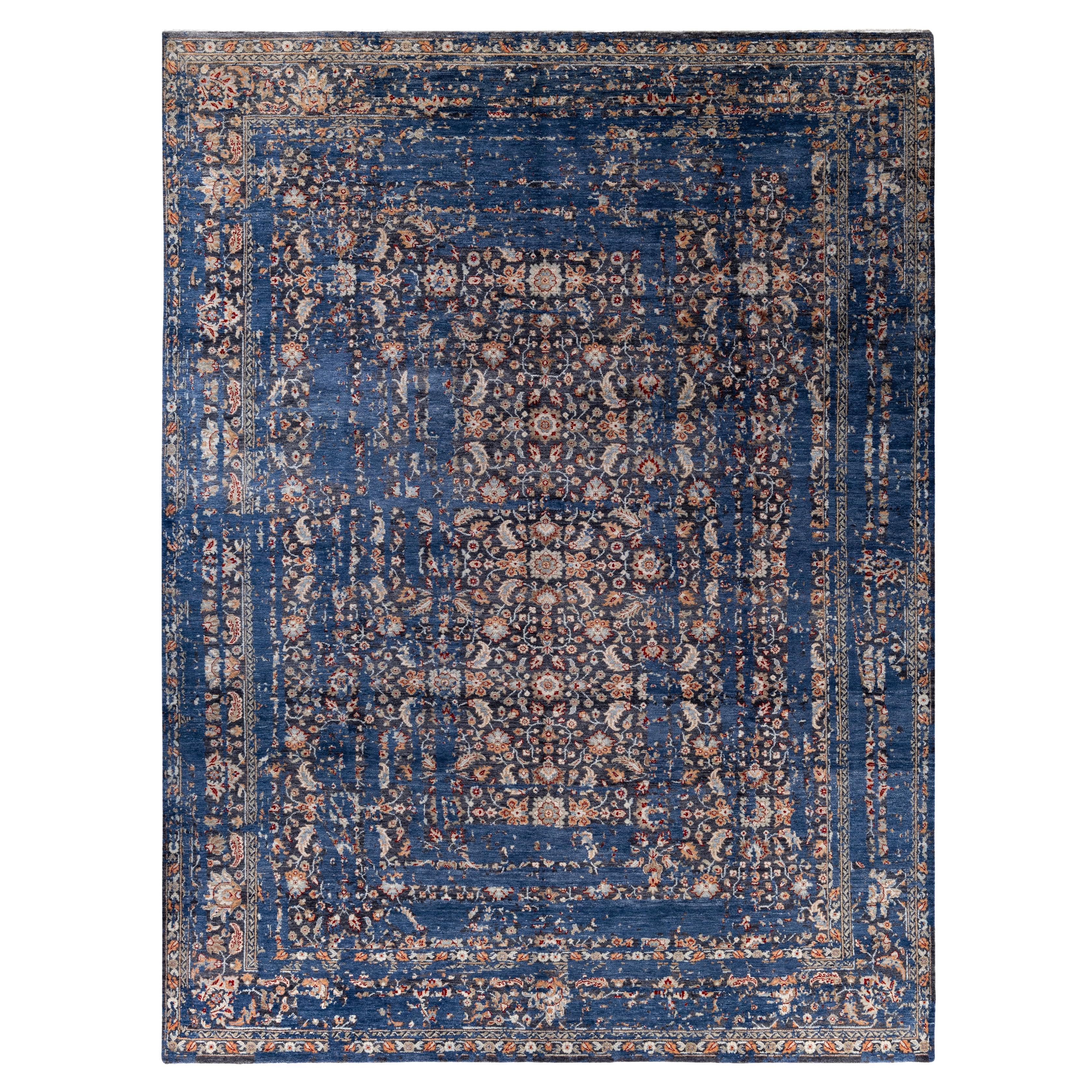 Tapis traditionnel abstrait bleu noué à la main 9' 1" x 12' 1"