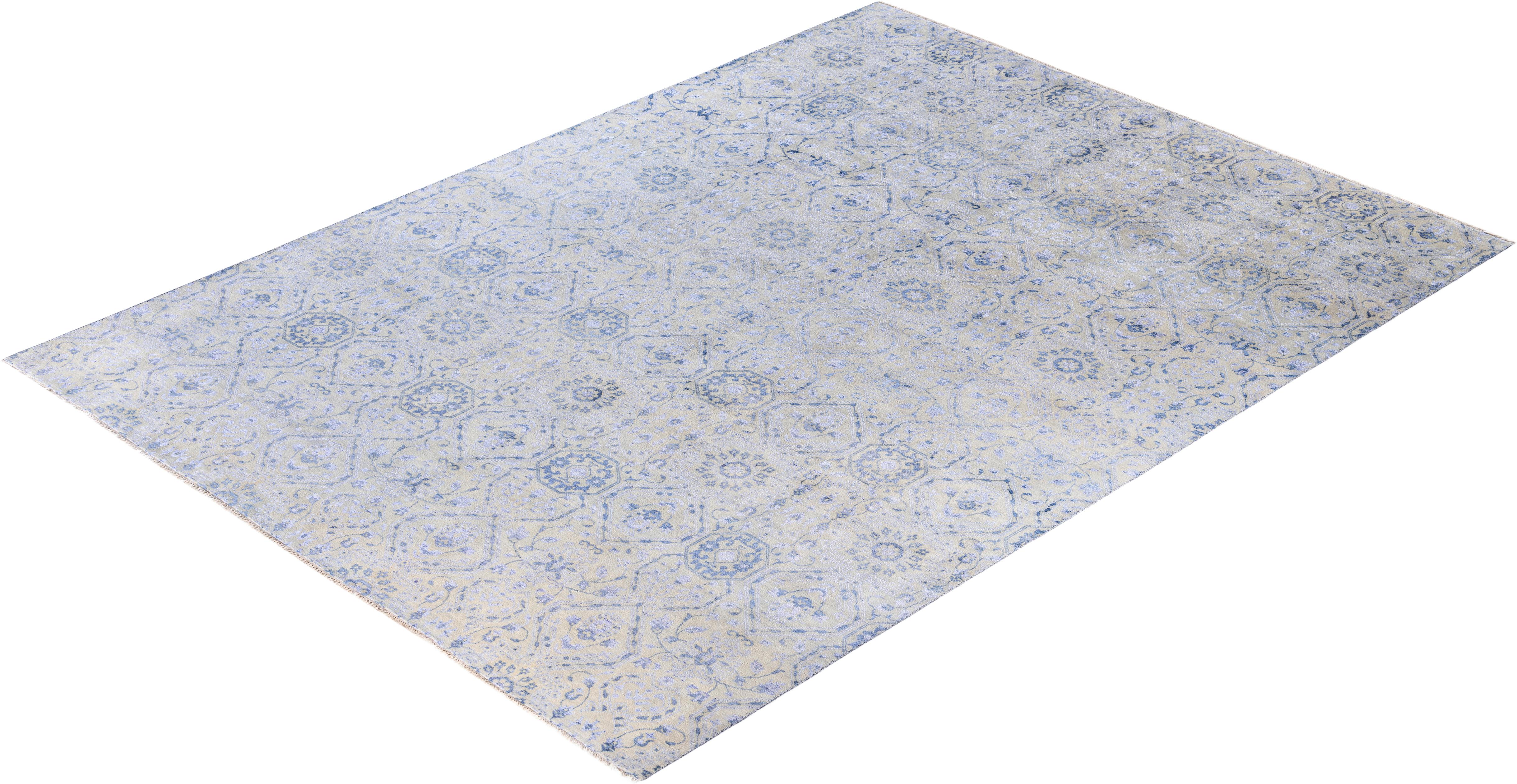 Traditioneller abstrakter handgeknüpfter Teppich aus Wolle und Seide in Beige 9' 1