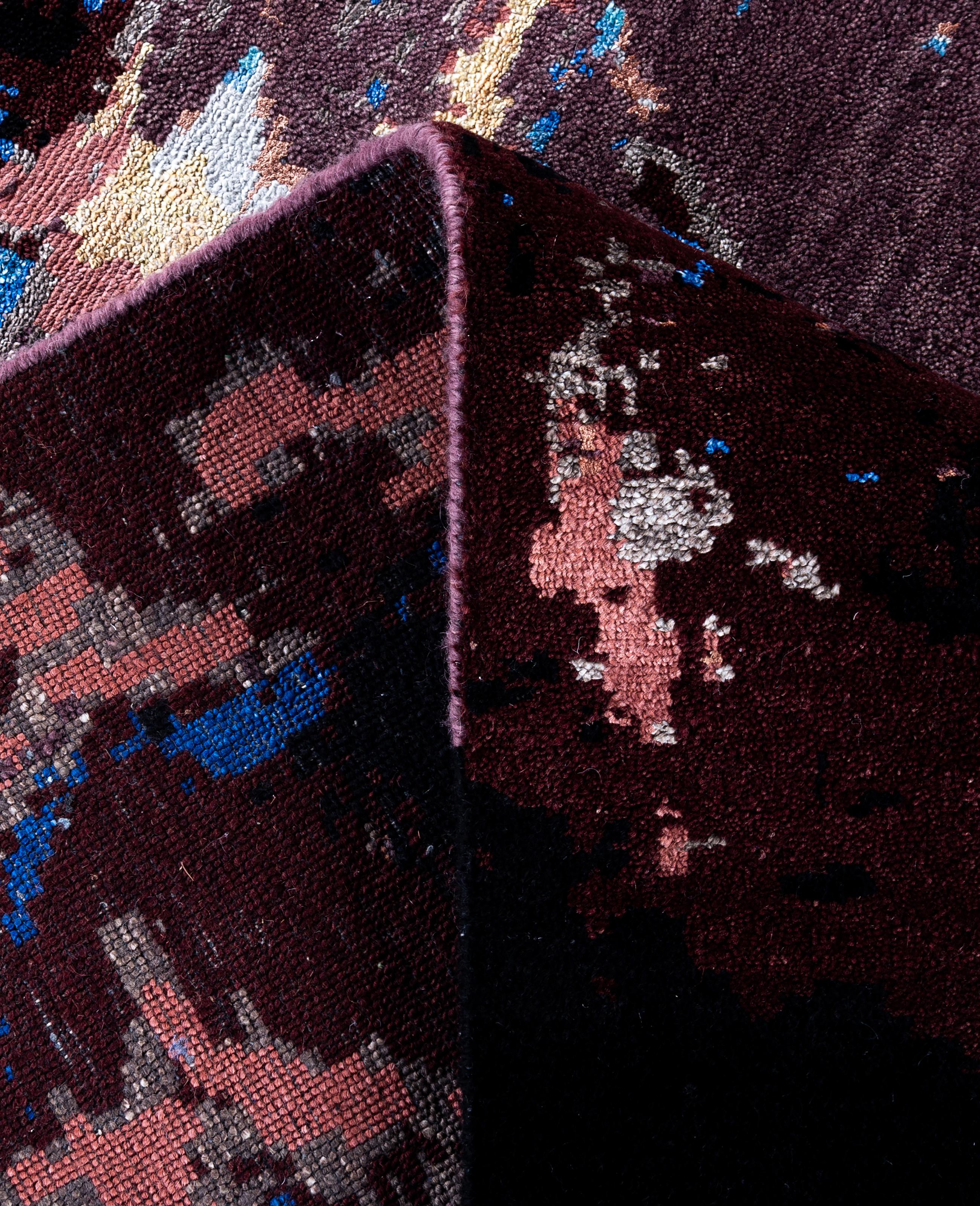 XXIe siècle et contemporain Tapis abstrait traditionnel en laine et soie, noué à la main, noir 8' 2