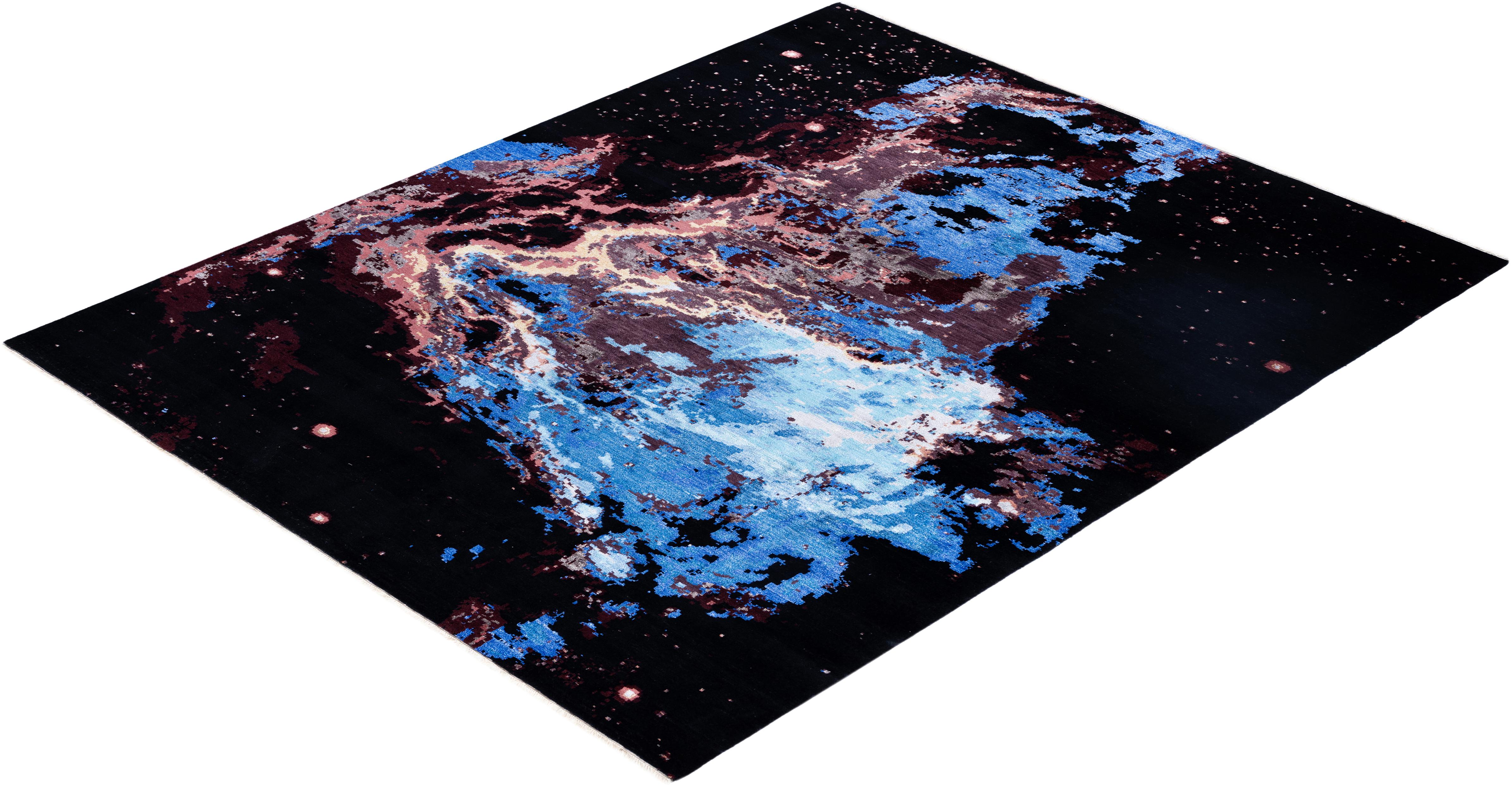 Tapis abstrait traditionnel en laine et soie, noué à la main, noir 8' 2