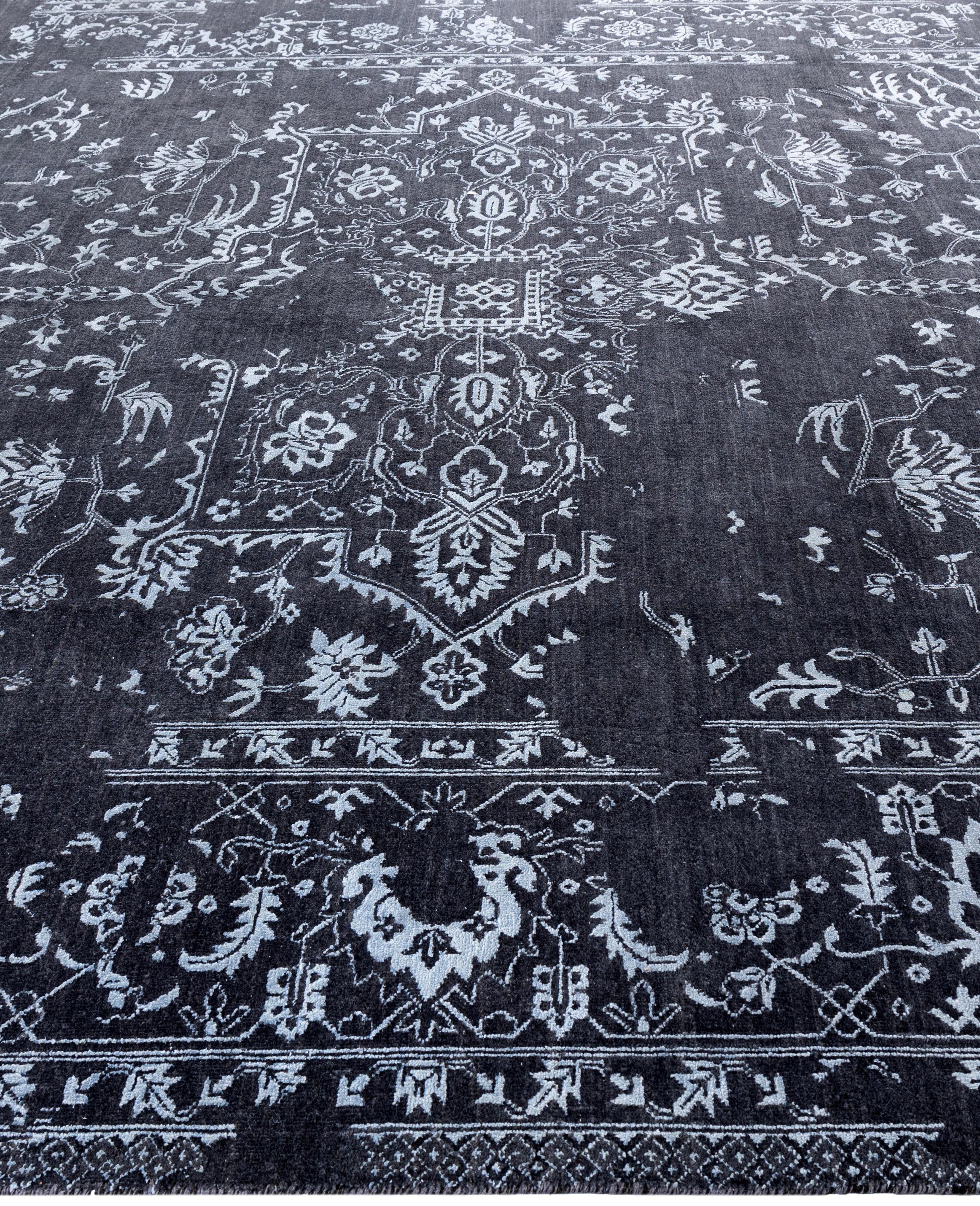 Annodato a mano Traditional Abstract Wool, Silk Hand Knotted Black Area Rugs 9' 0