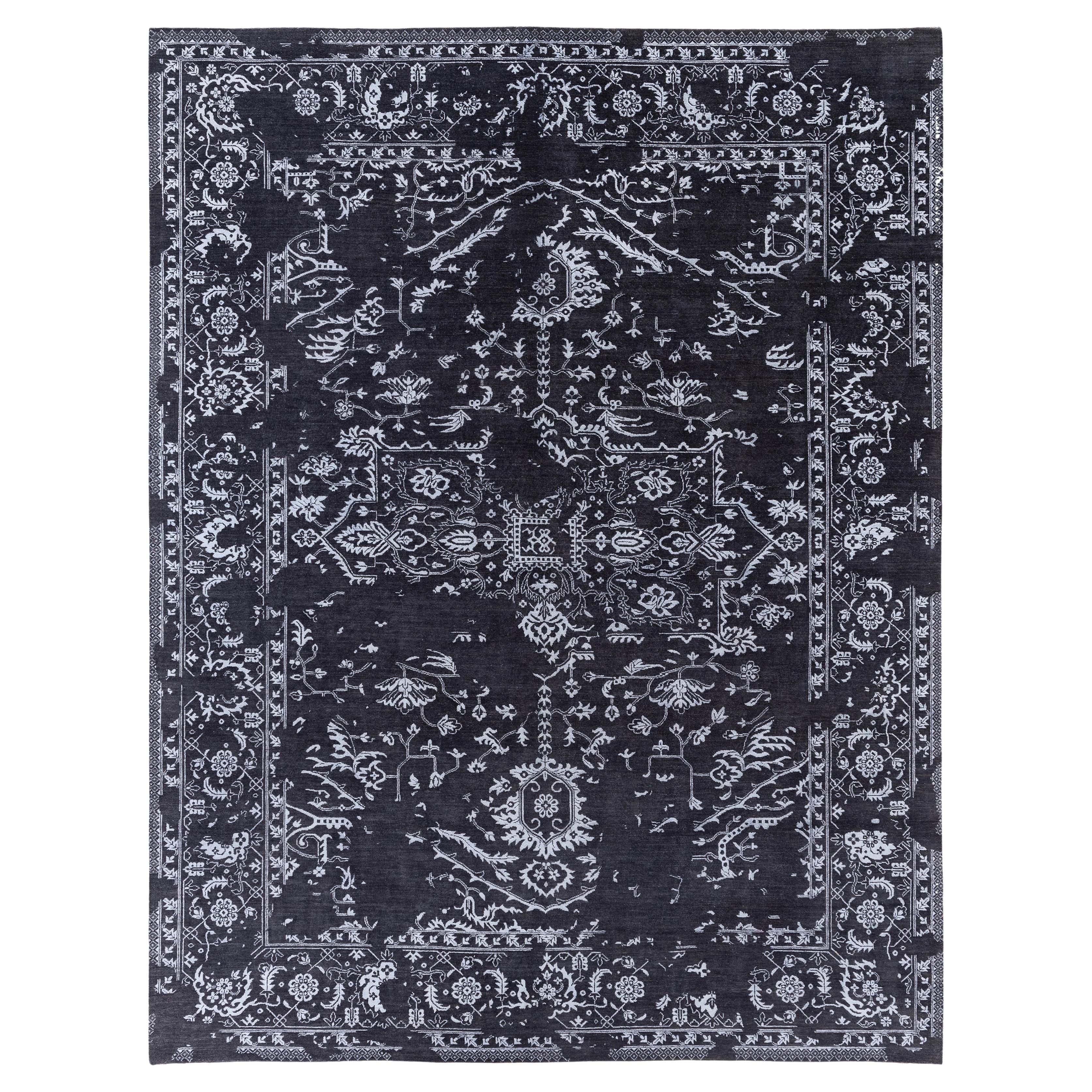 Traditioneller abstrakter handgeknüpfter schwarzer Teppich aus Wolle und Seide 9' 0" x 11' 9"