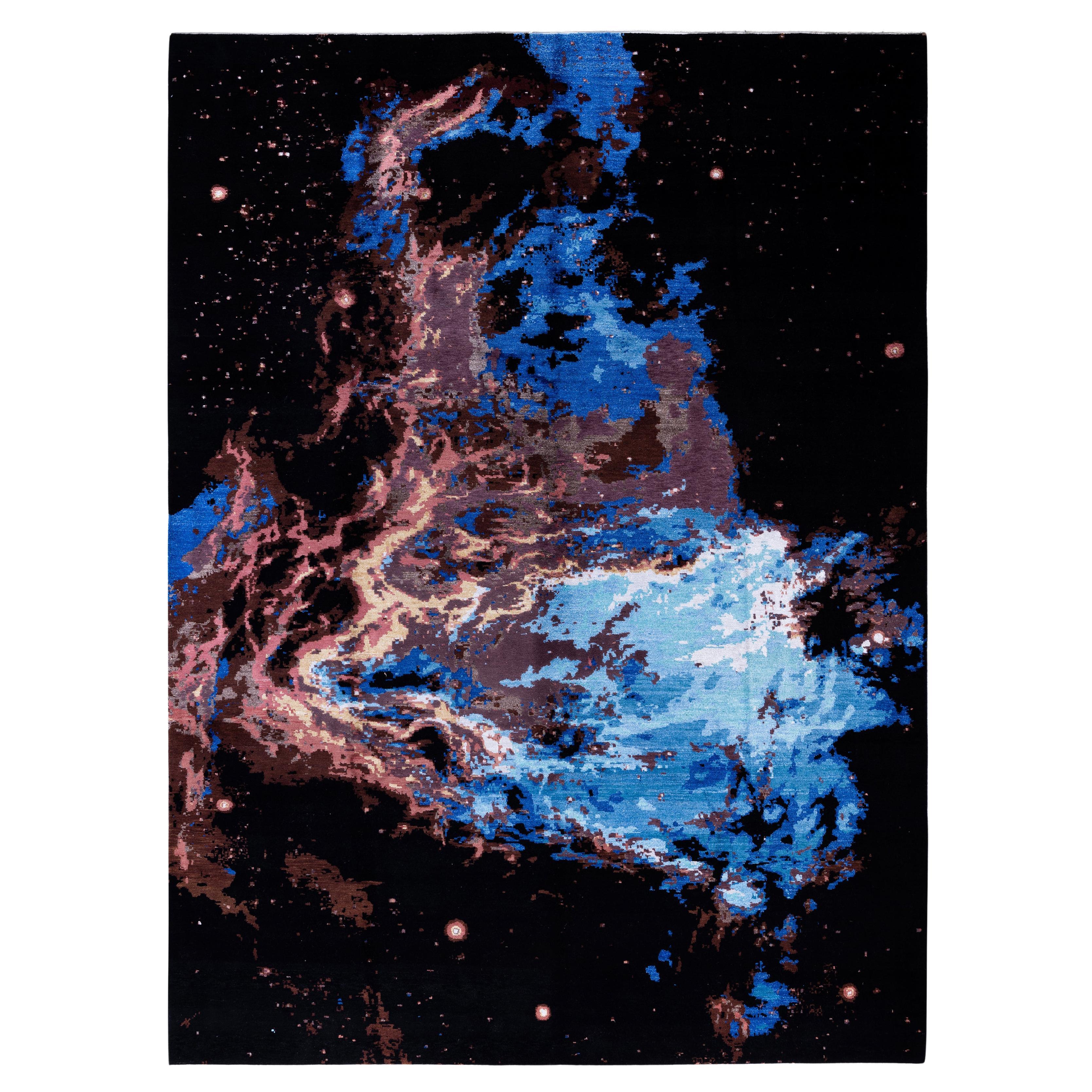 Traditional Abstract Wool, Silk Hand Knotted Black Area Rug 9' 2" x 12' 4" For Sale