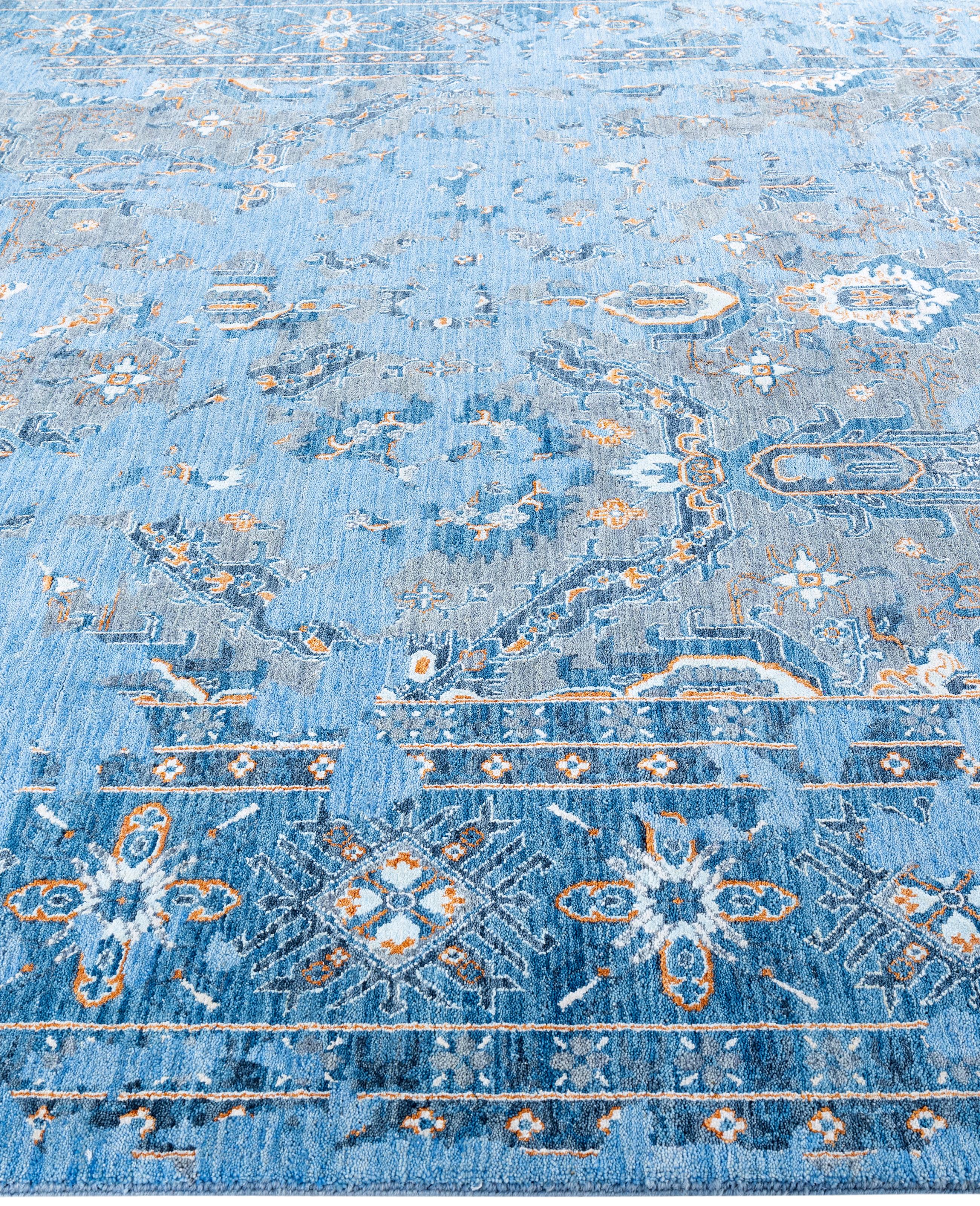 Annodato a mano Traditional Abstract Wool, Silk Hand Knotted Blue Area Rugs 8' 2