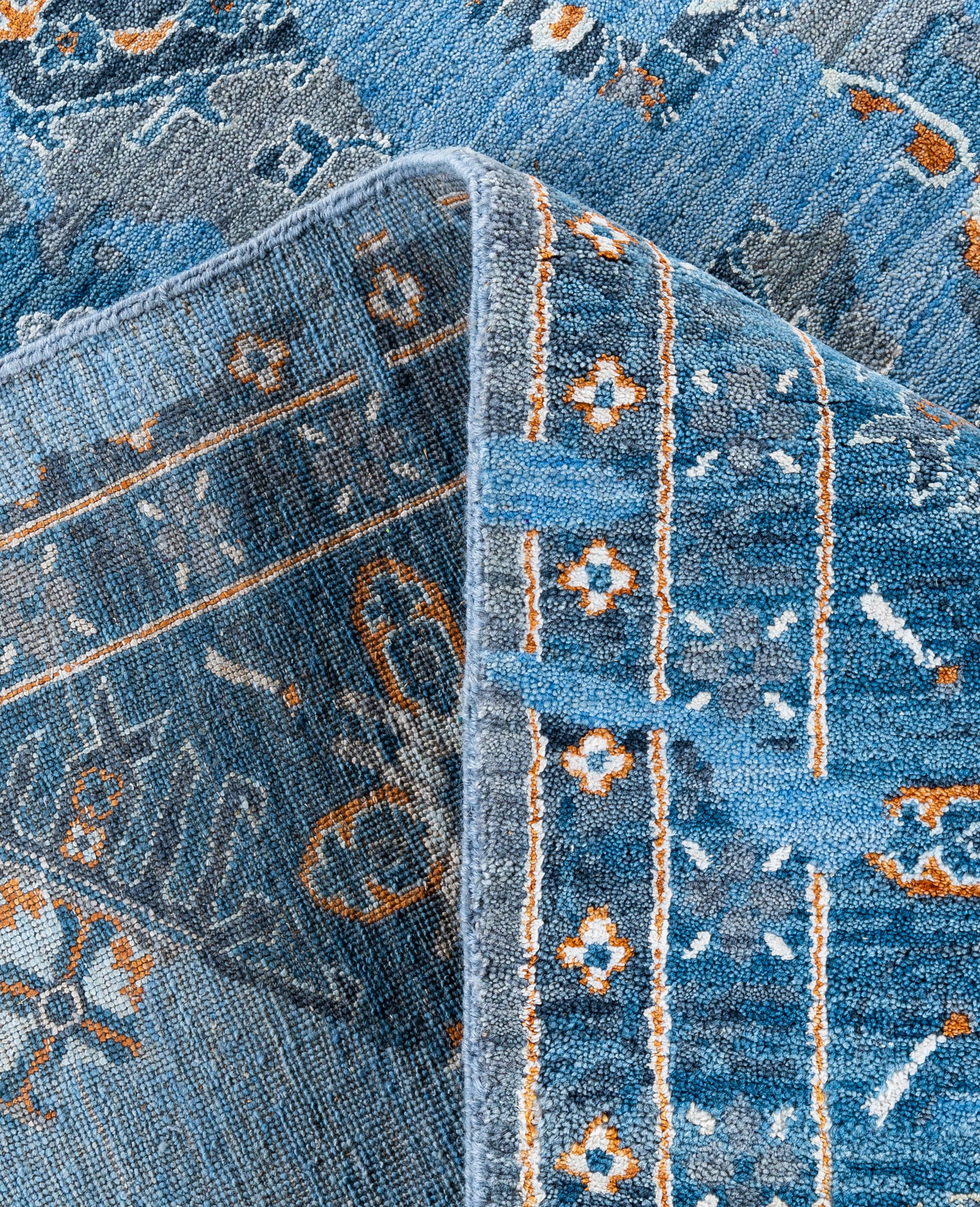 XXI secolo e contemporaneo Traditional Abstract Wool, Silk Hand Knotted Blue Area Rugs 8' 2
