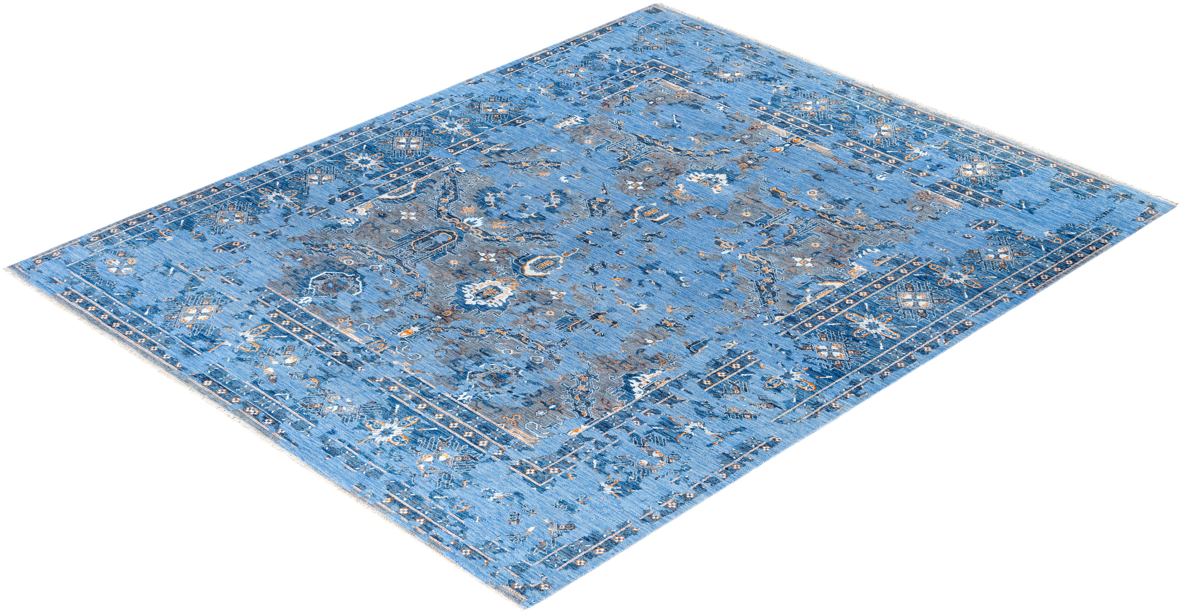Traditional Abstract Wool, Silk Hand Knotted Blue Area Rugs 8' 2