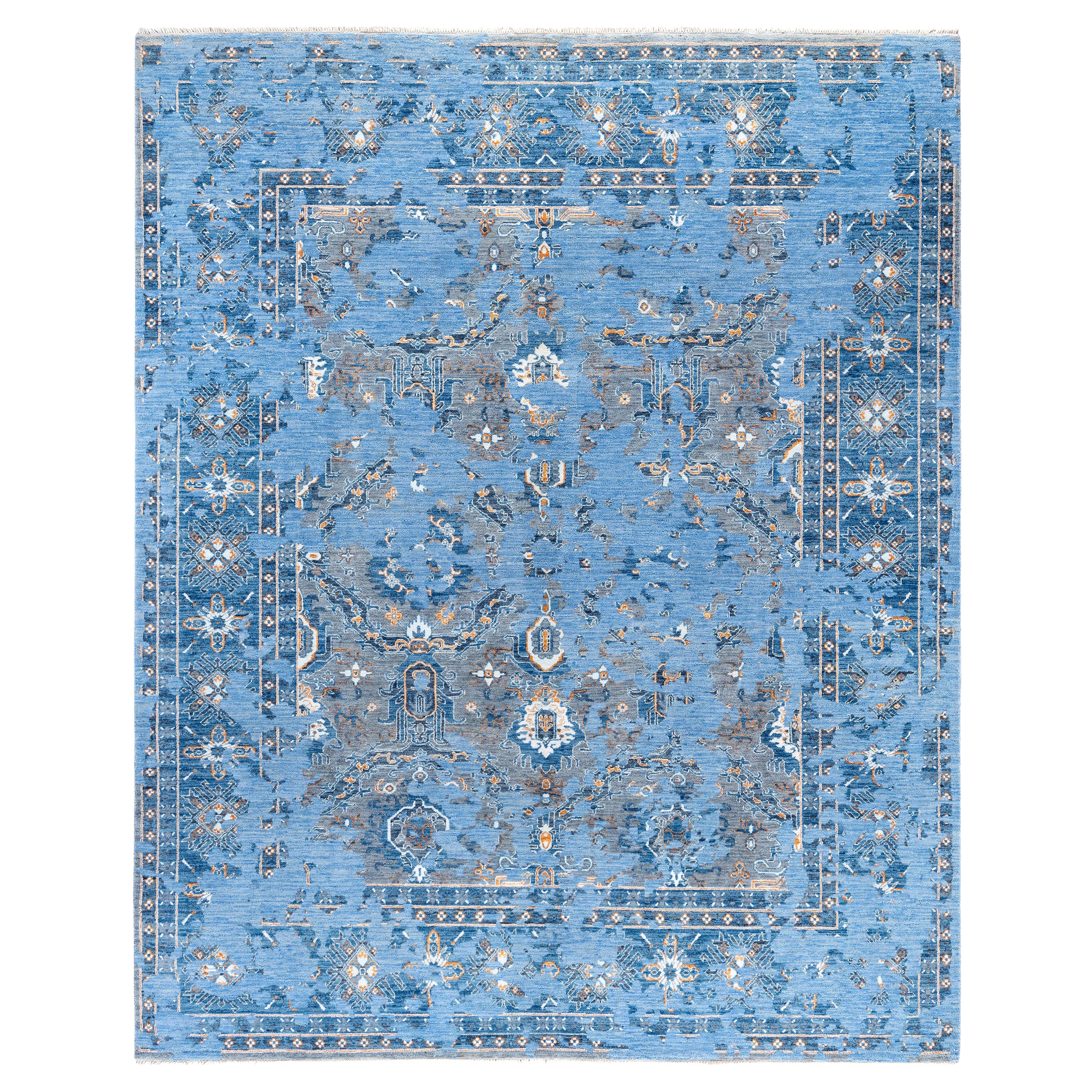 Traditional Abstract Wool, Silk Hand Knotted Blue Area Rug 8' 2" x 10' 2"