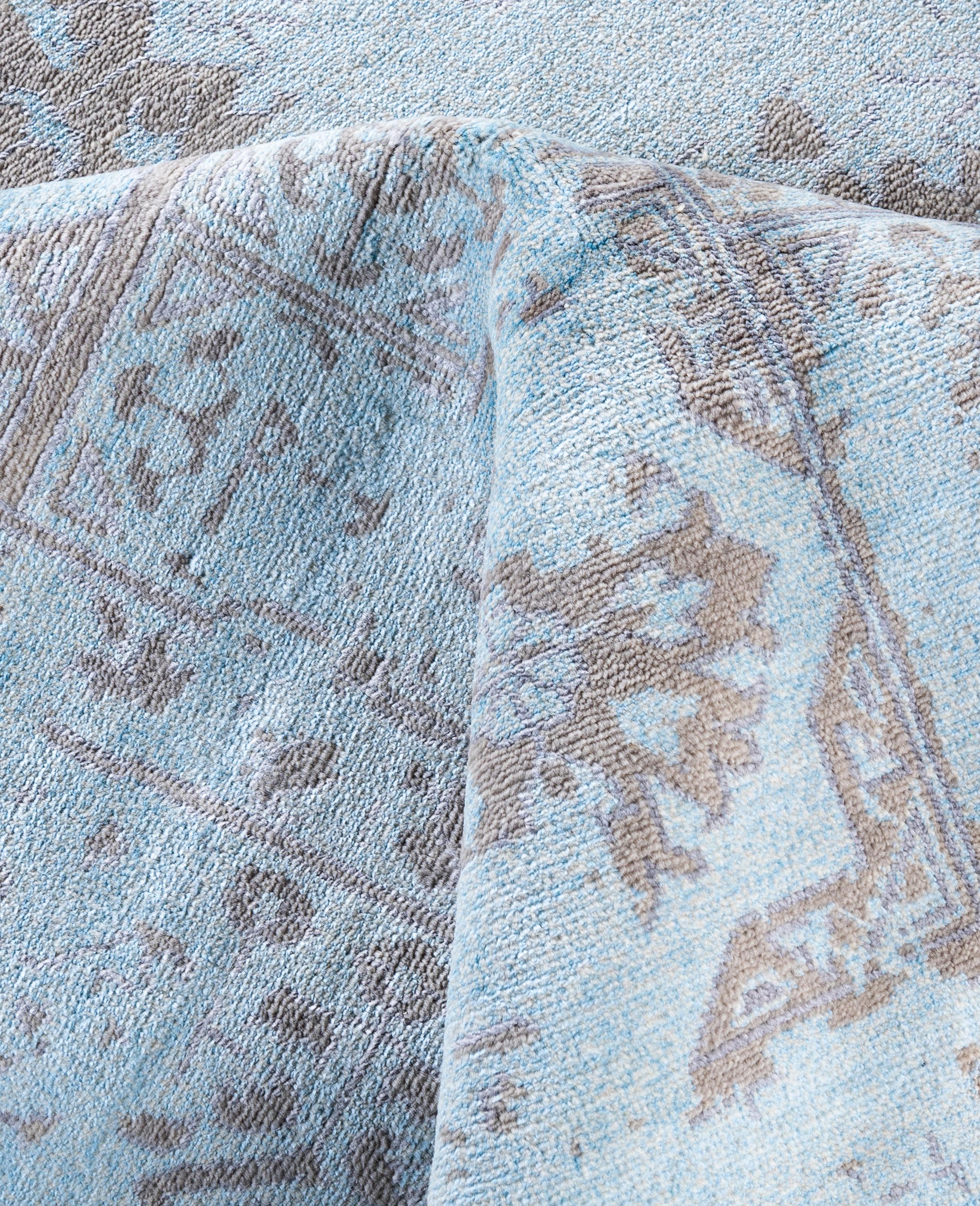 Laine Tapis traditionnel abstrait bleu noué à la main 9' 1