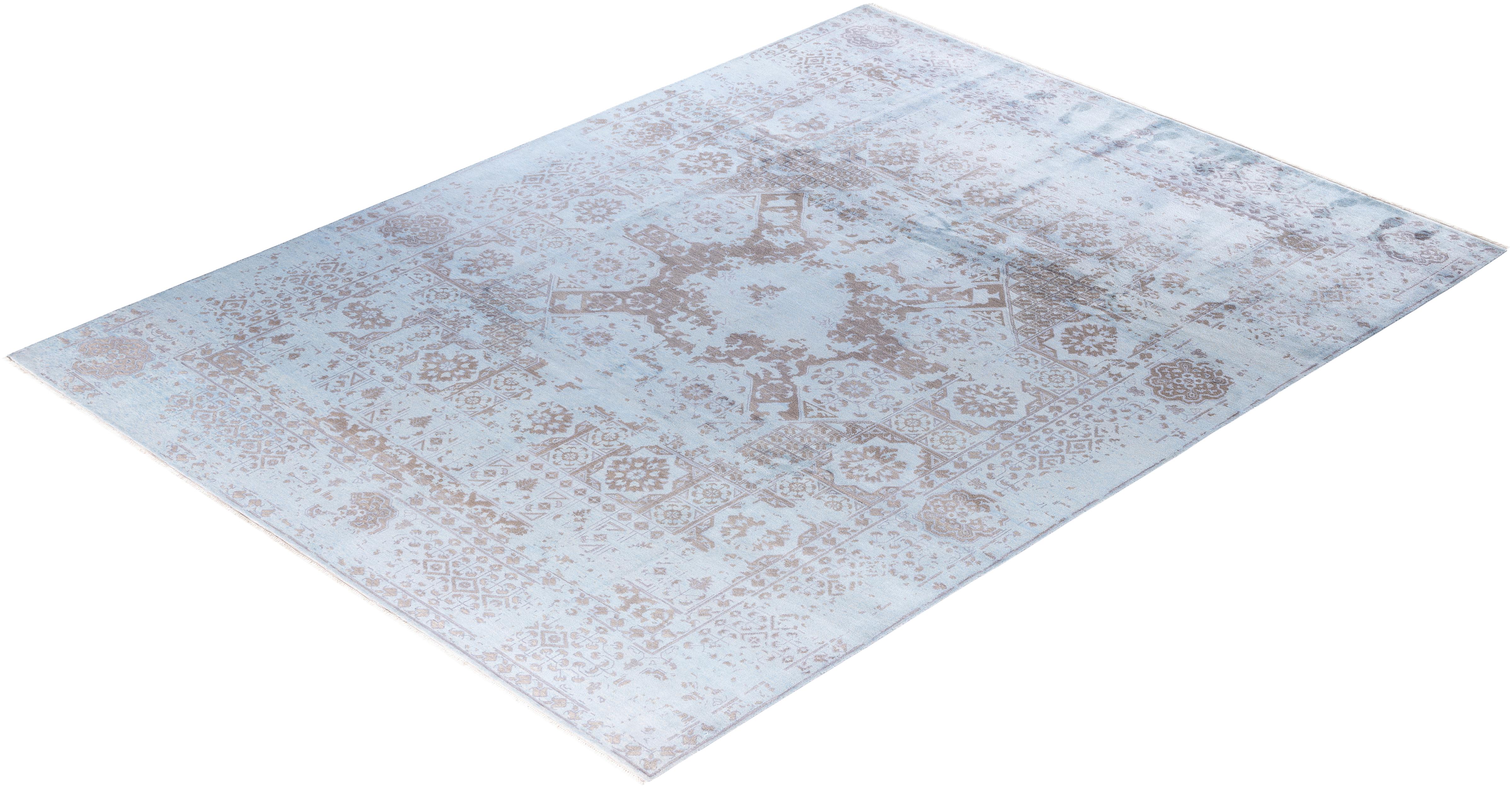 Tapis traditionnel abstrait bleu noué à la main 9' 1